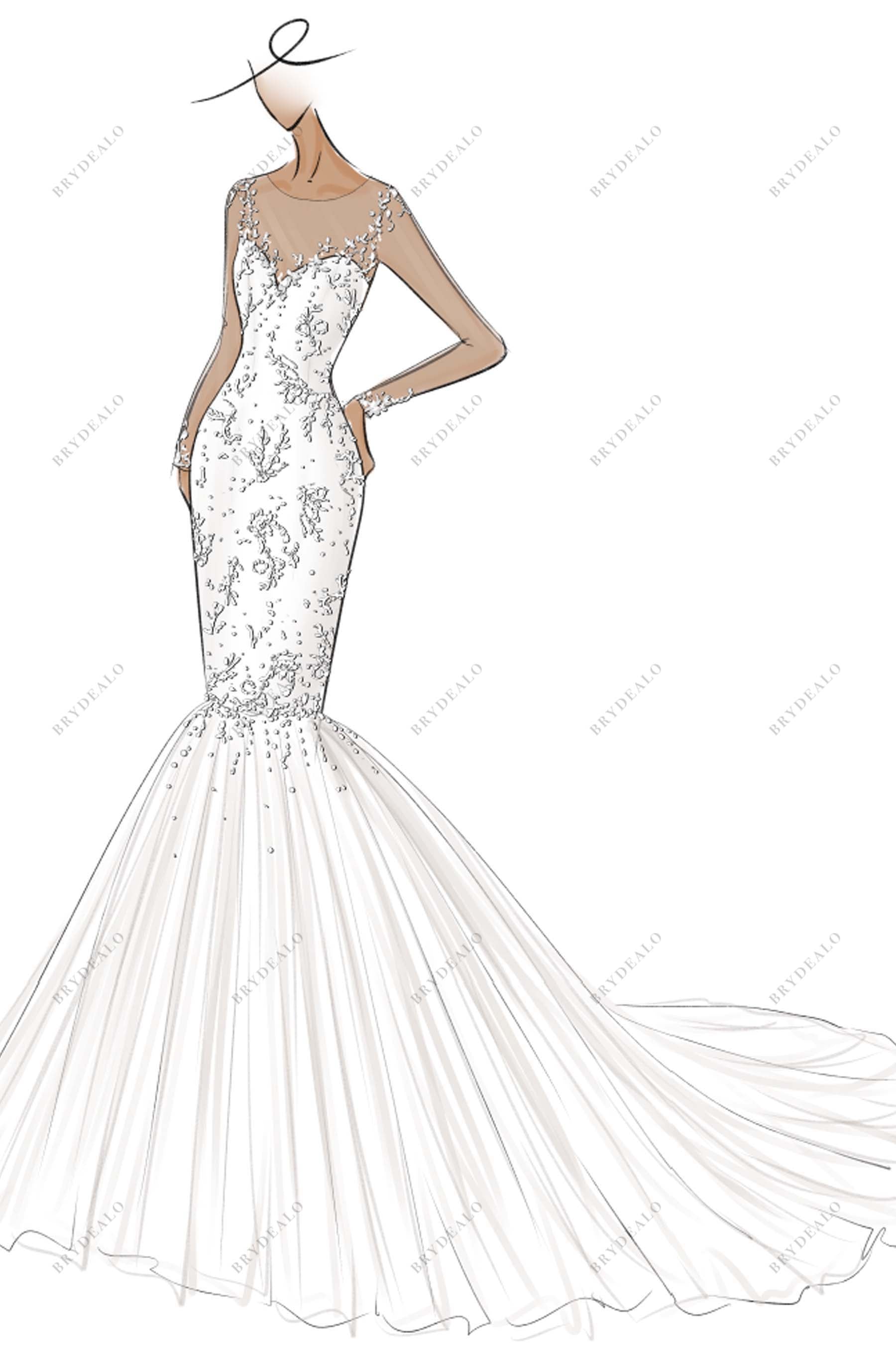 Illusion Neck Tulle Designer Trumpet Bridal Dress Sketch