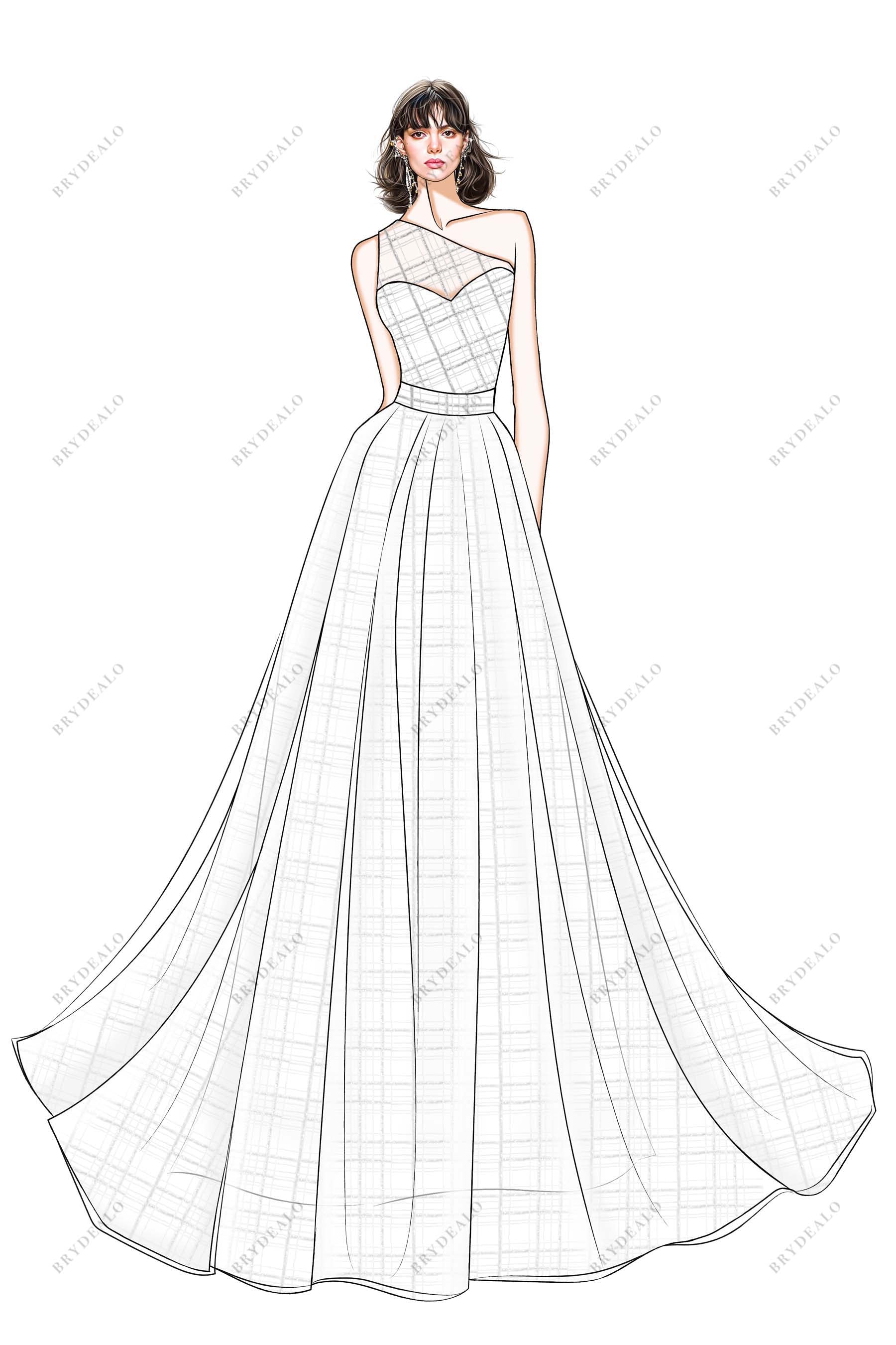 Illusion One Shoulder Sequined A-line Wedding Dress Sketch