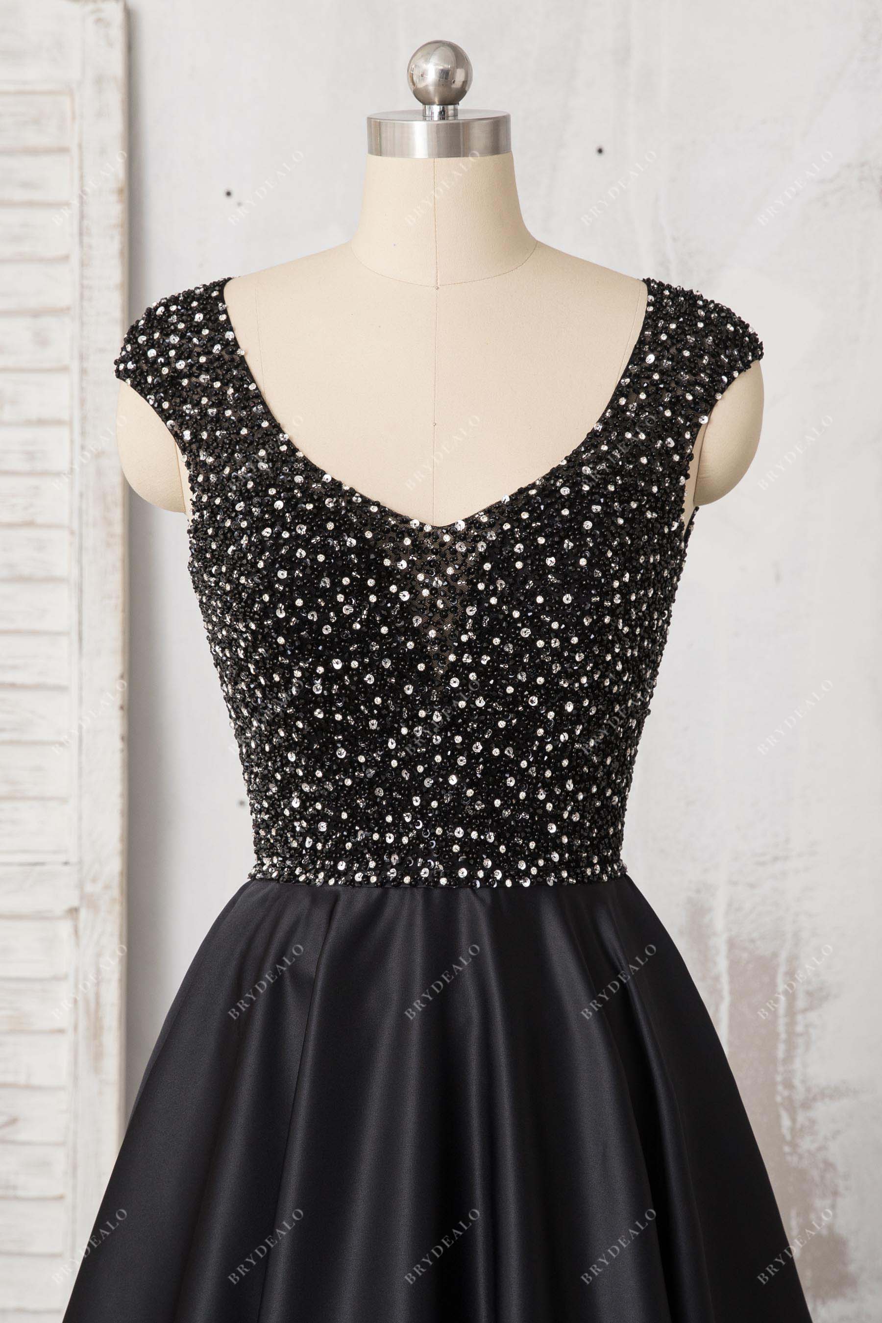 illusion queen anne neck black beaded prom dress