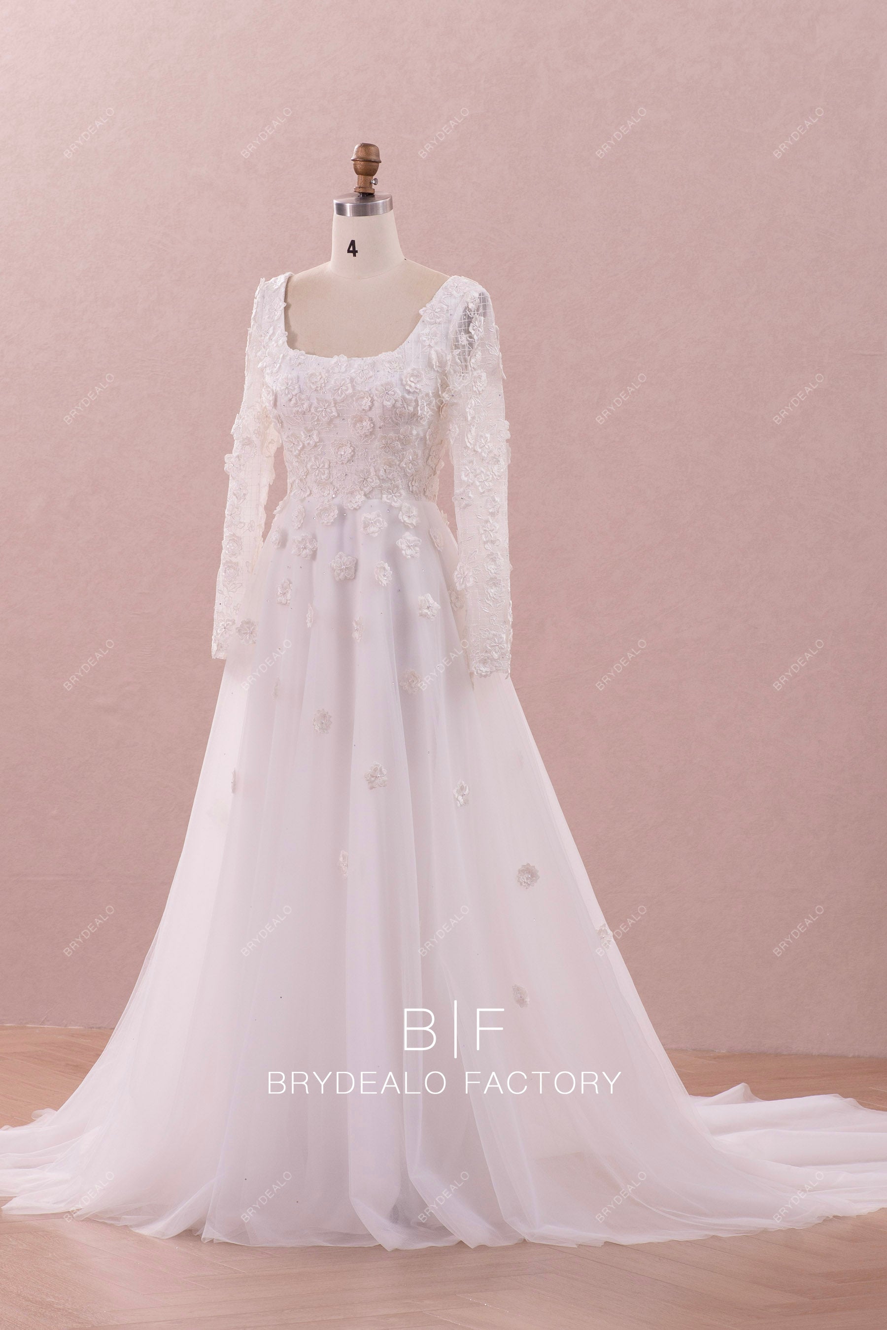 illusion sleeve flower lace bridal gown