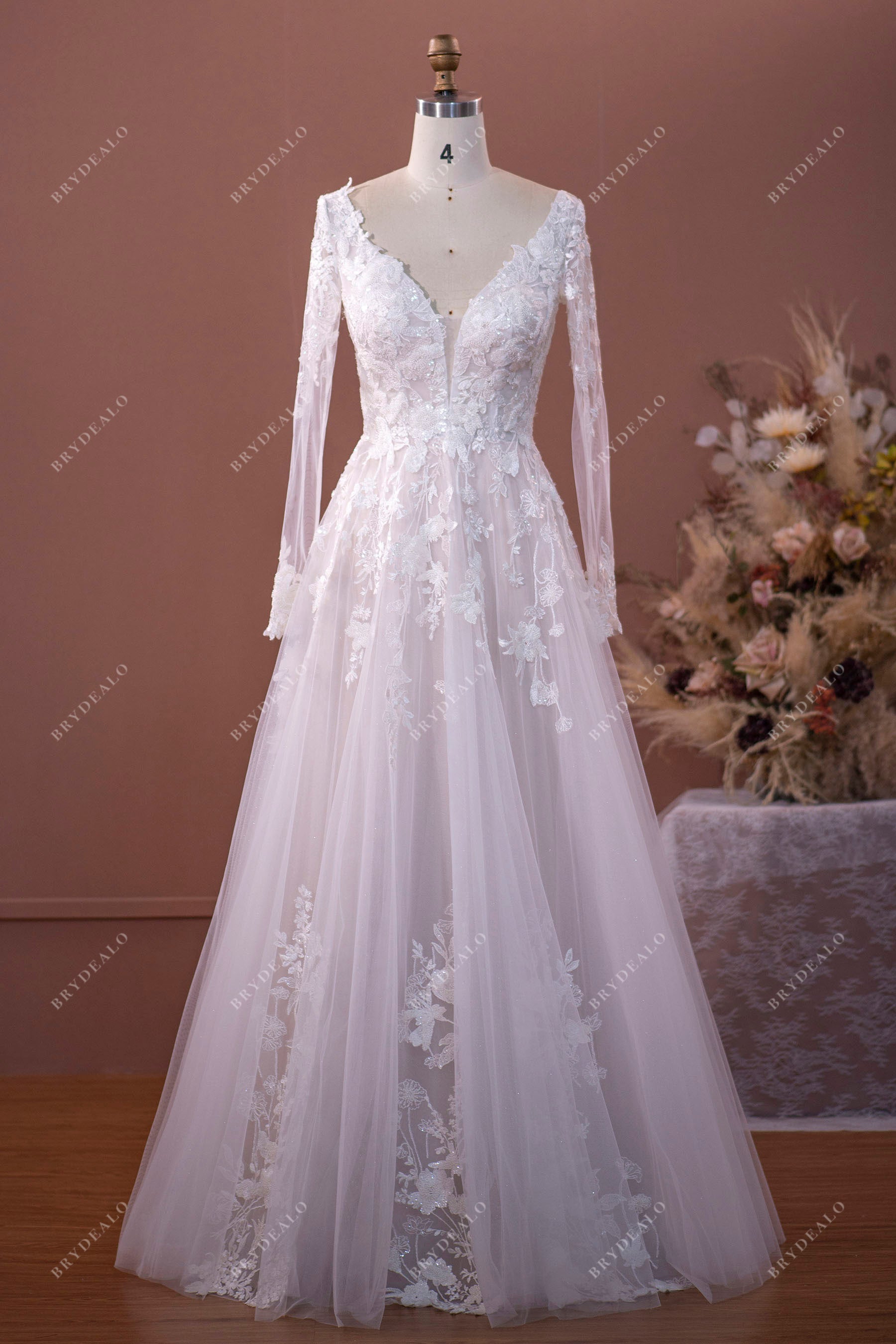 Sleeved Plunging Floor Length Bridal Gown