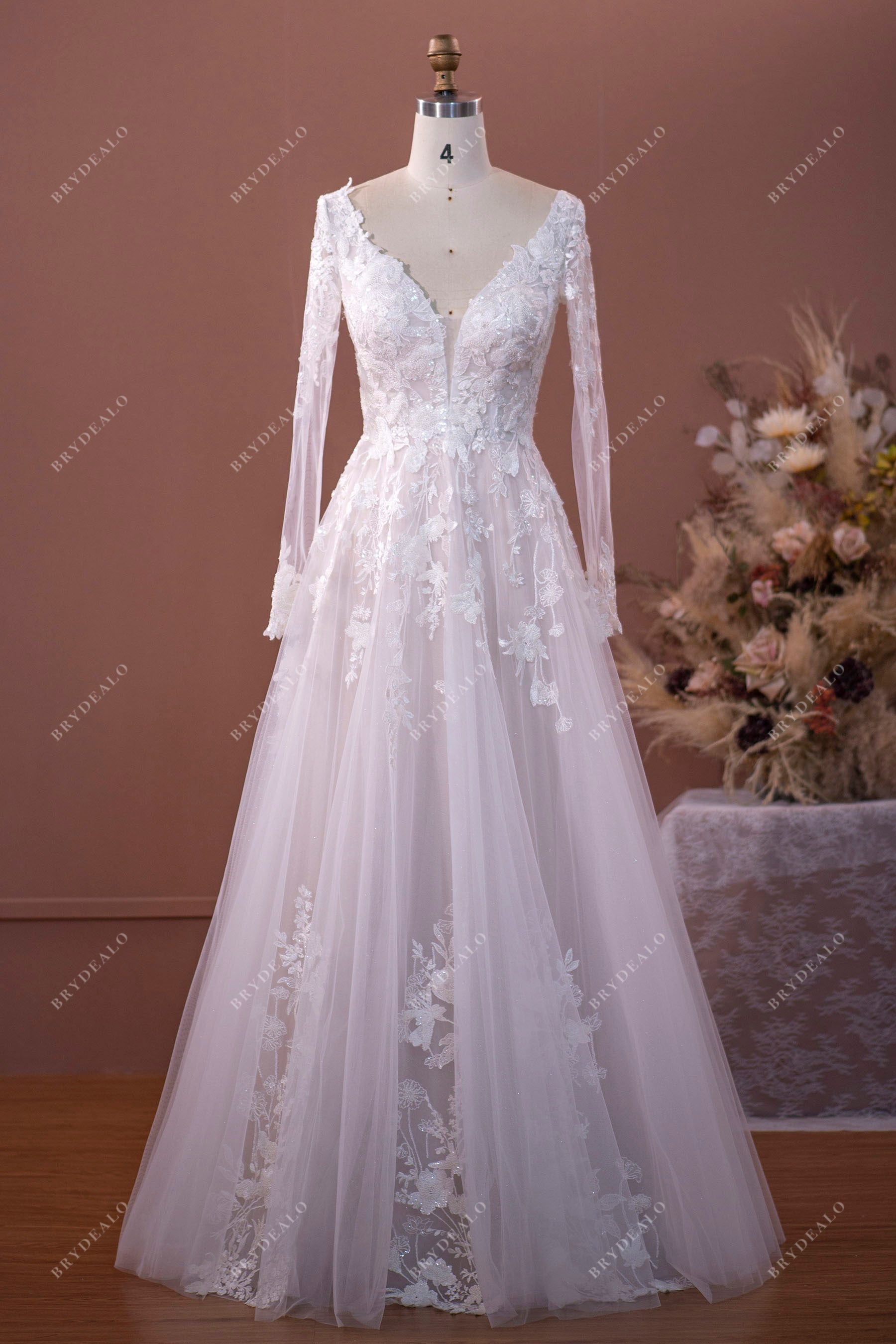 Sample Sale | Sleeved Plunging Floor Length Wedding Dress