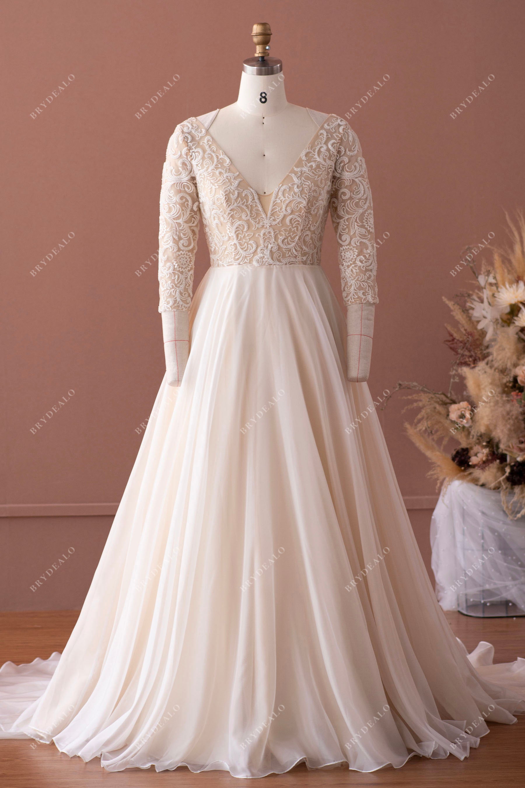 illusion sleeved beaded lace organza wedding dress