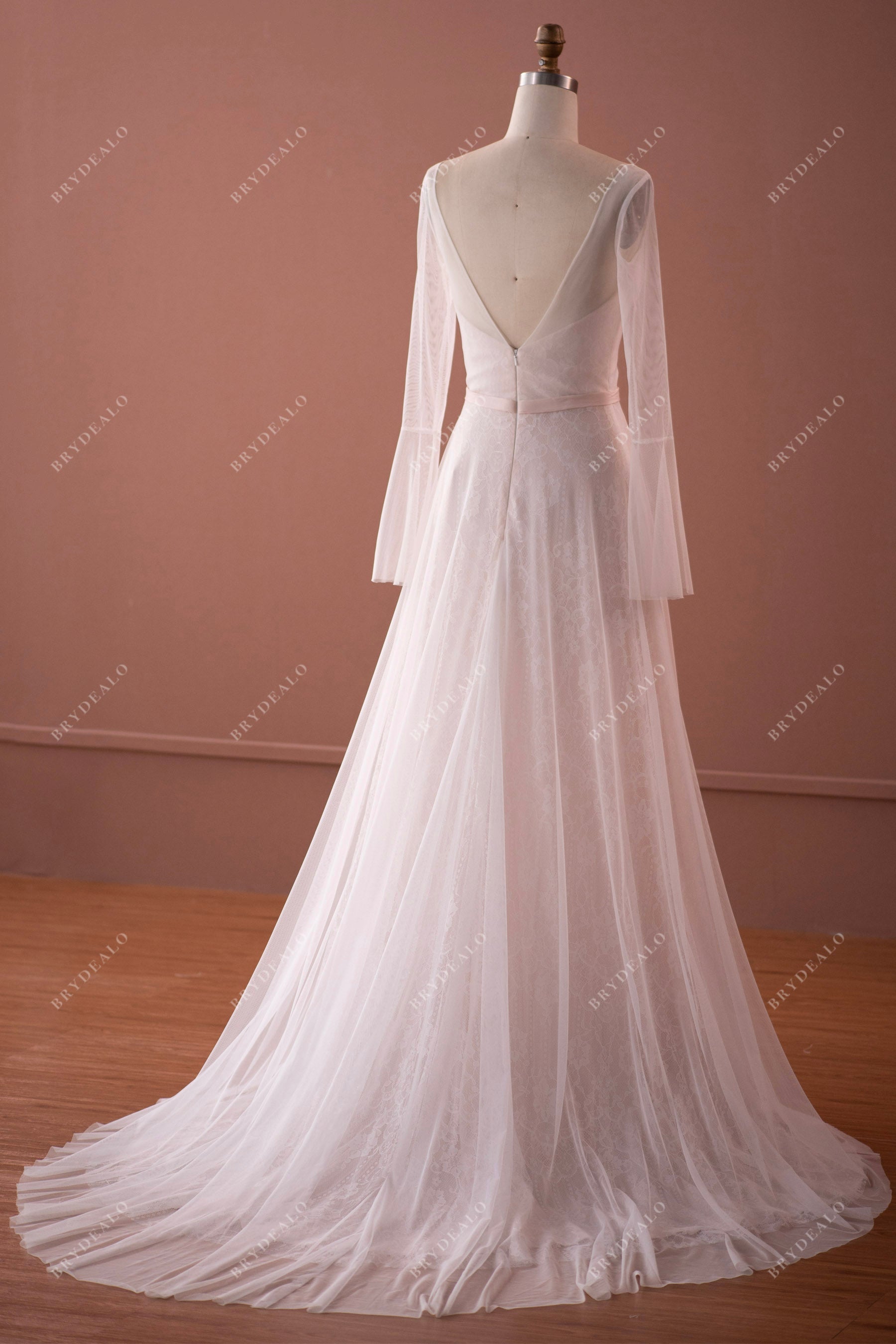 Illusion Sleeved Lace Tulle V-back Boho Long A-line  Wedding Dress
