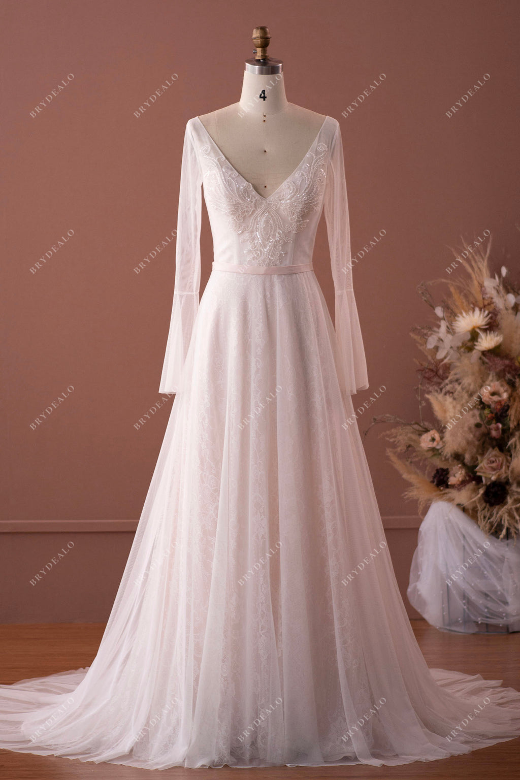 Illusion Sleeved Beaded Lace A-line Wedding Dress