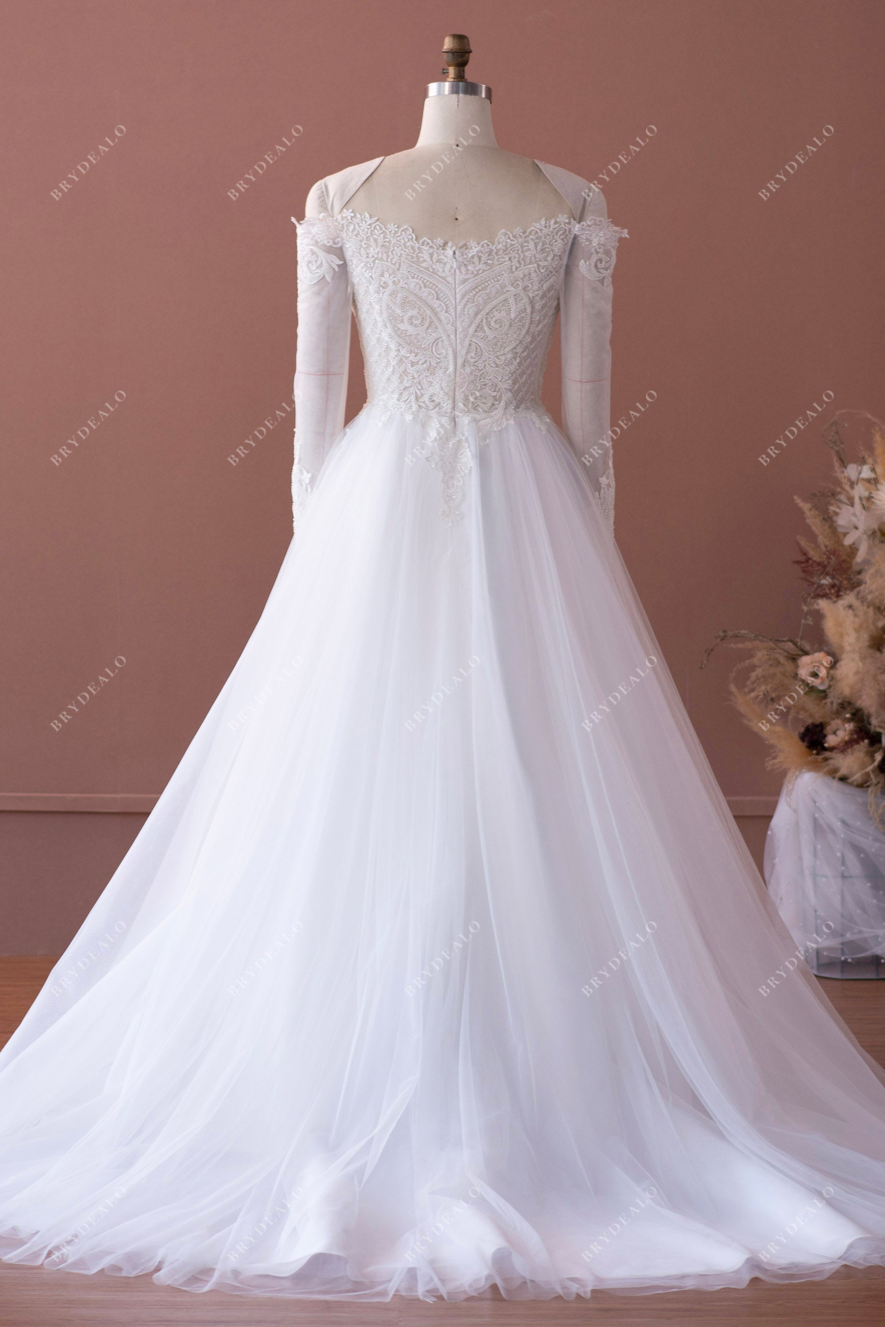 illusion sleeved lace tulle bridal gown
