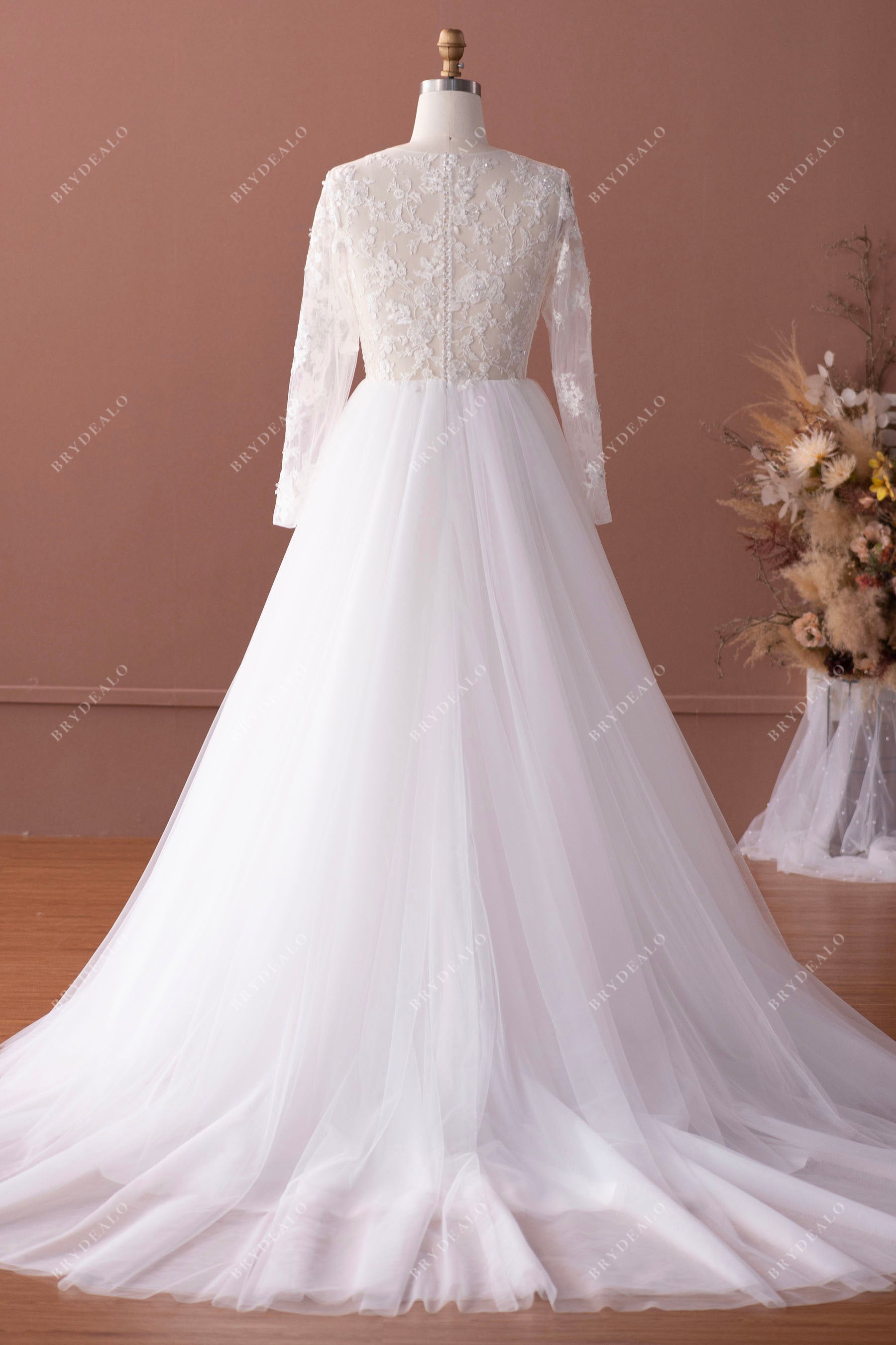 illusion sleeved lace tulle long wedding dress
