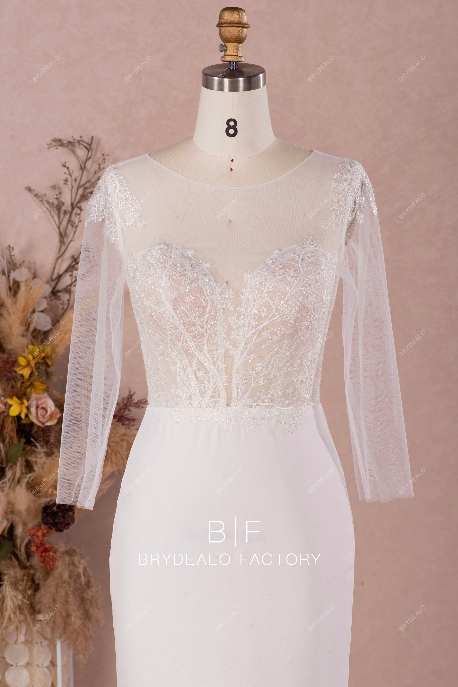 illusion sleeved shimmery lace wedding dress