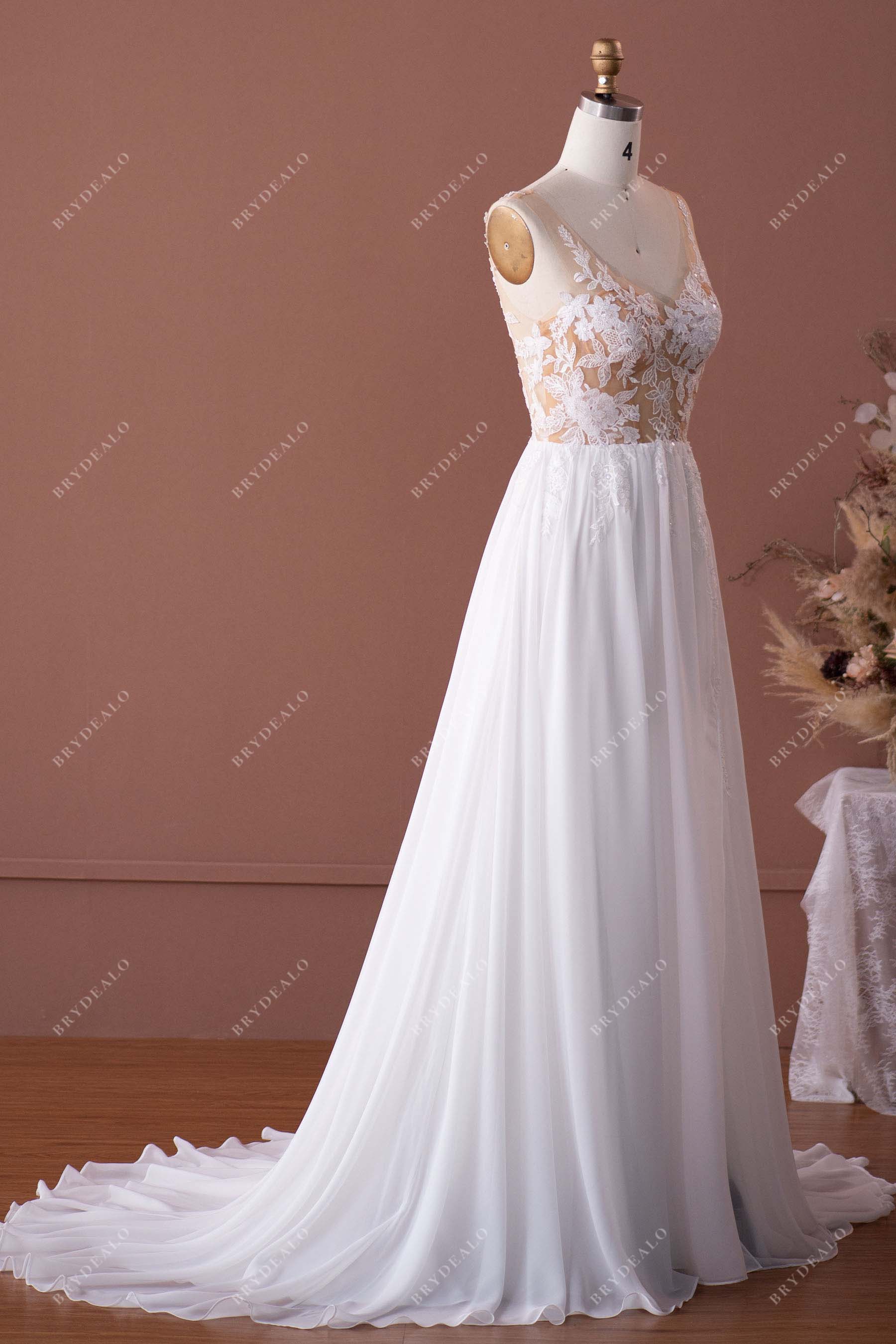 illusion sleeveless lace flowy chiffon wedding dress