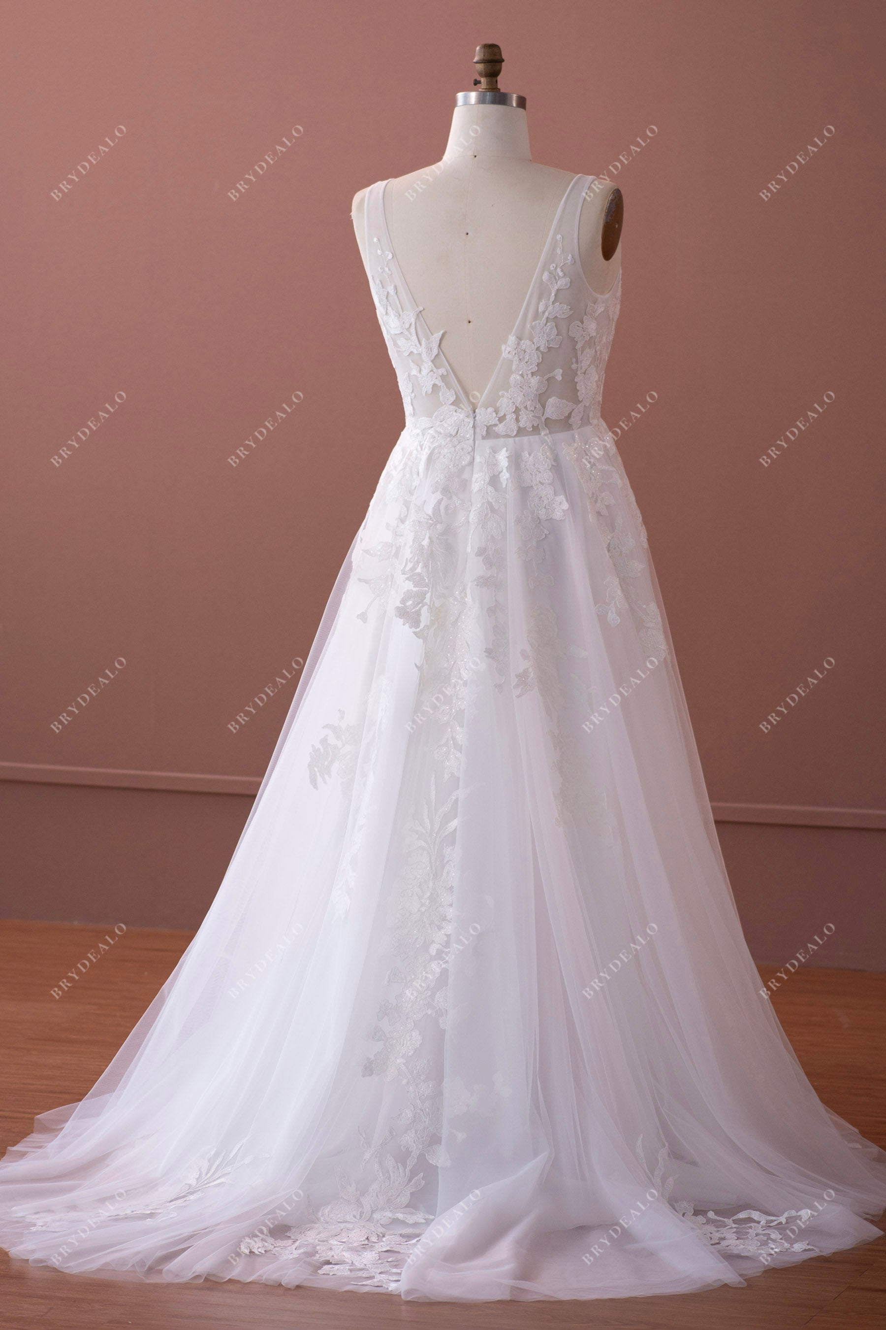 V-back Plus Size Straps Plunging Lace Tulle A-line Wedding Dress