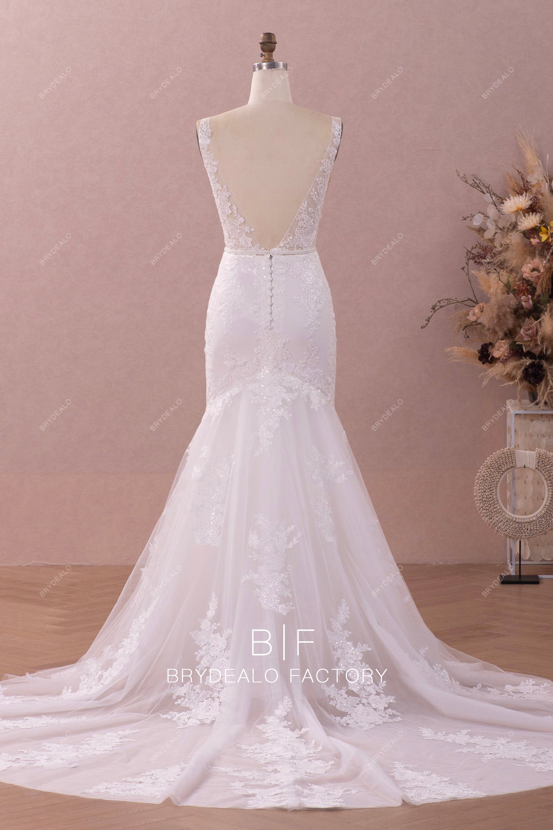 illusion v-back long fit flare wedding dress
