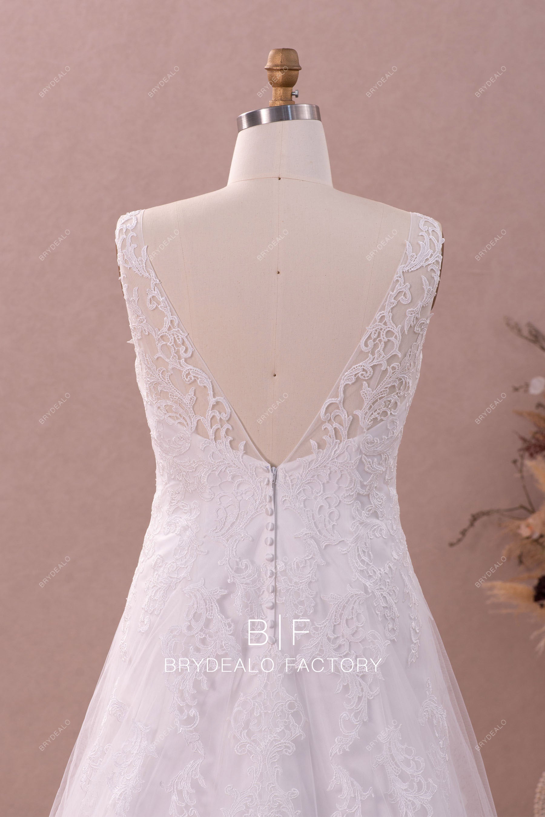 illusion v-cut lace back wedding gown