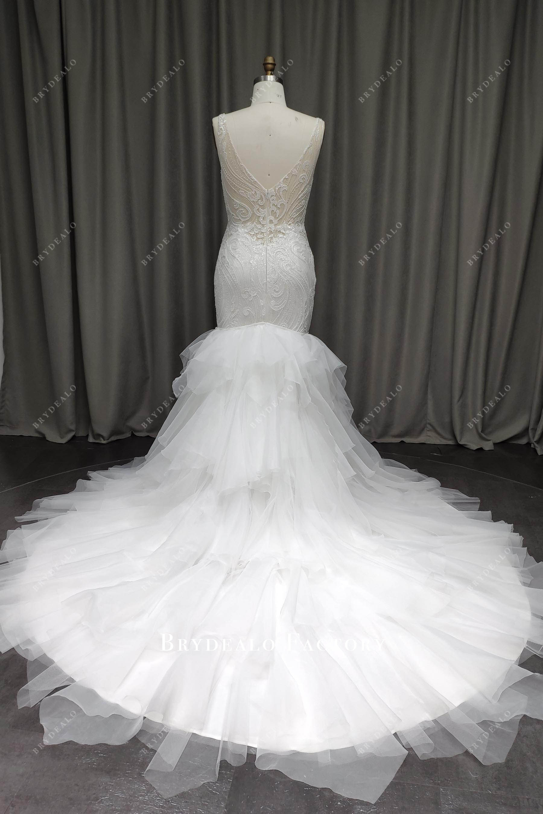 illusion beaded V-back chapel mermaid bridal gown