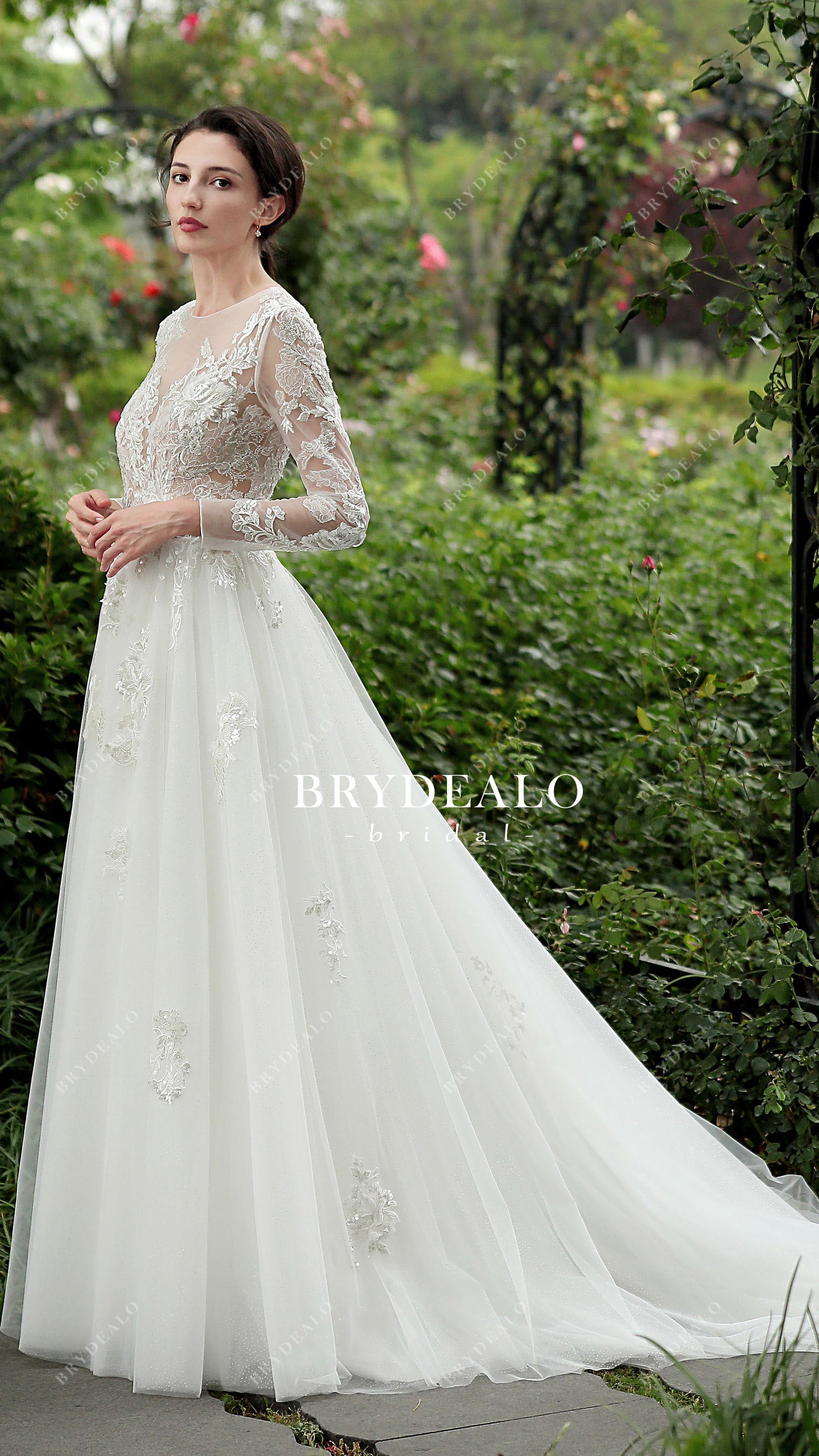 sheer sleeves A-line wedding gown
