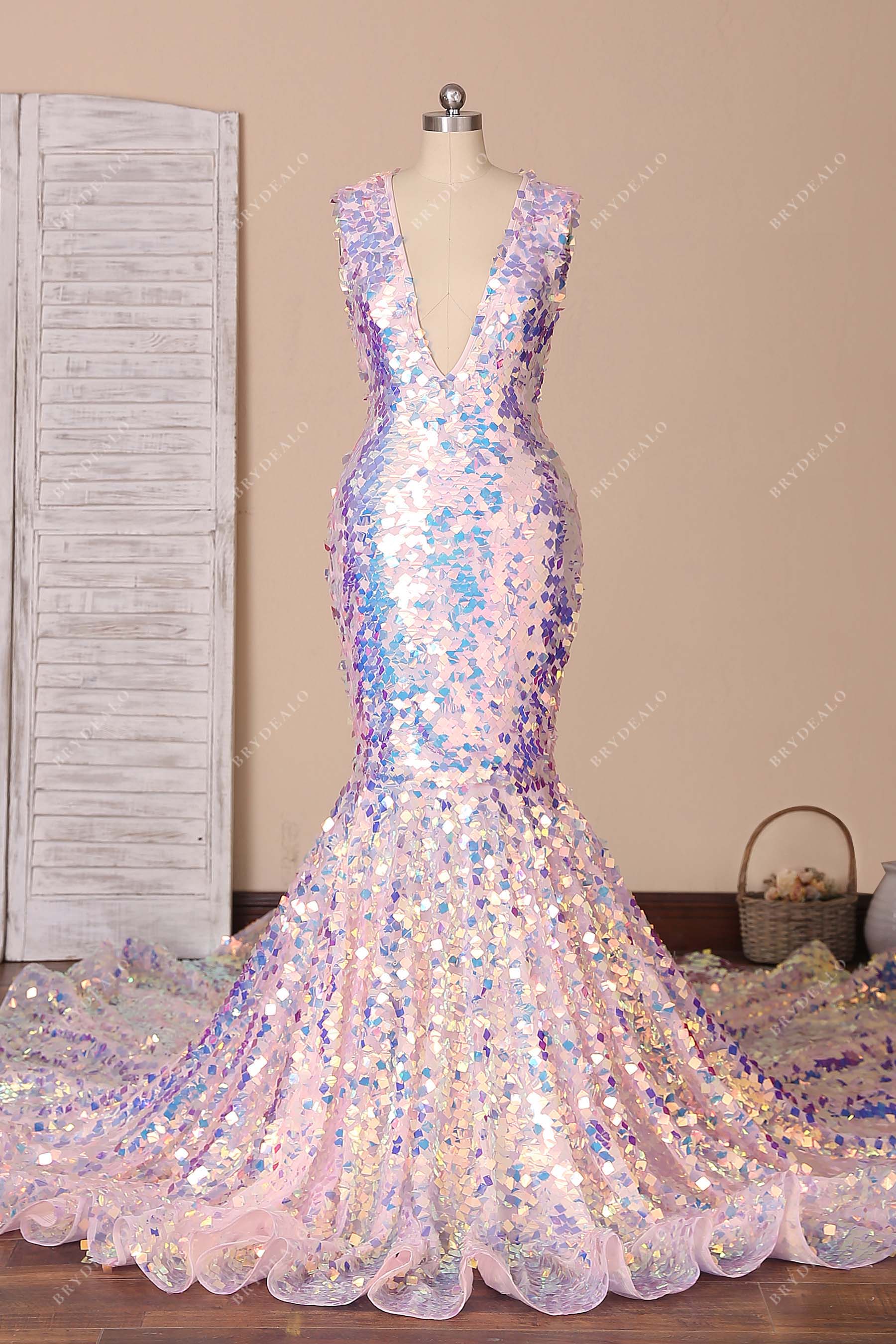 iridescent square sequin long train prom dress