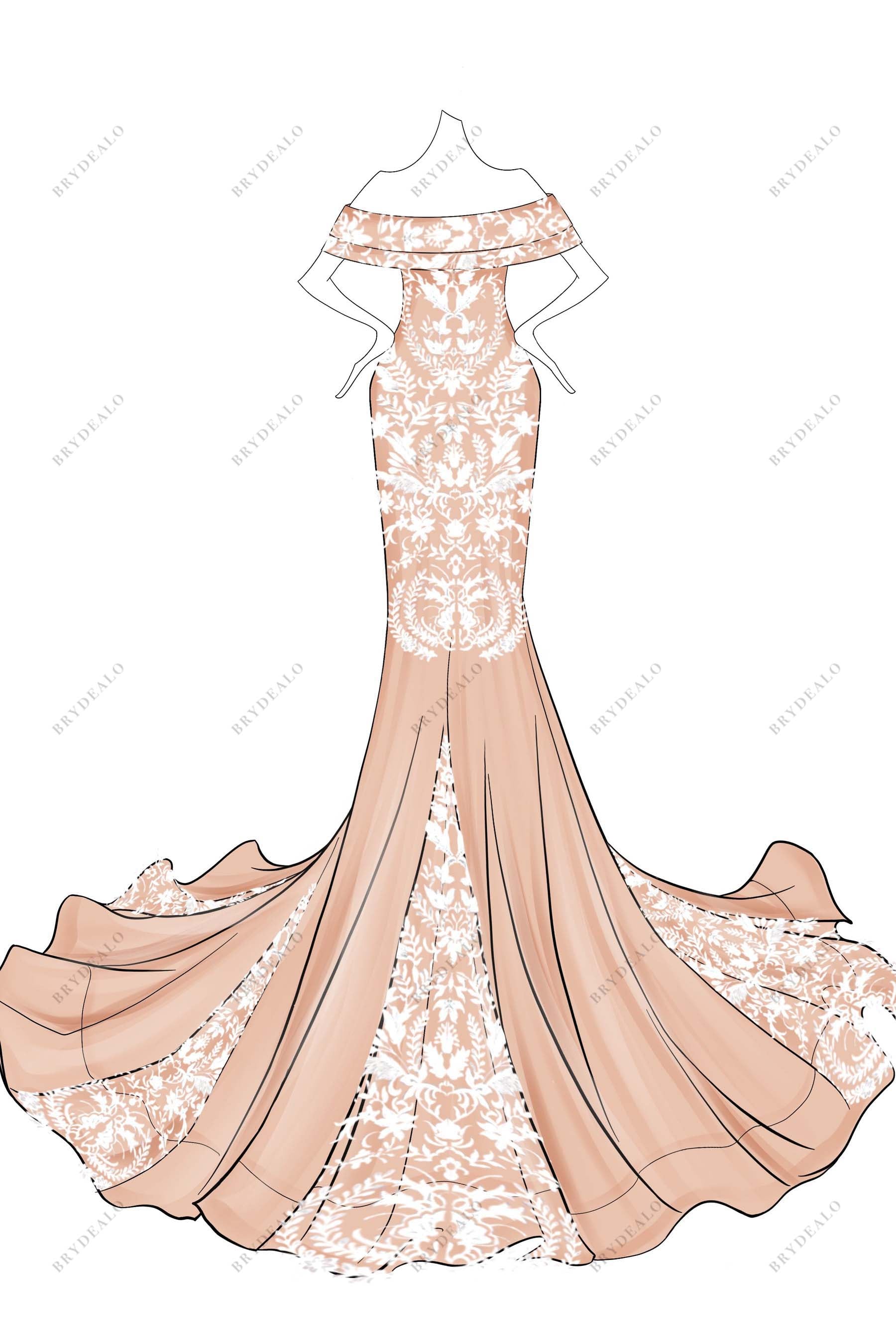 Off-shoulder Ivory Lace Mermaid Custom Wedding Dress Sketch