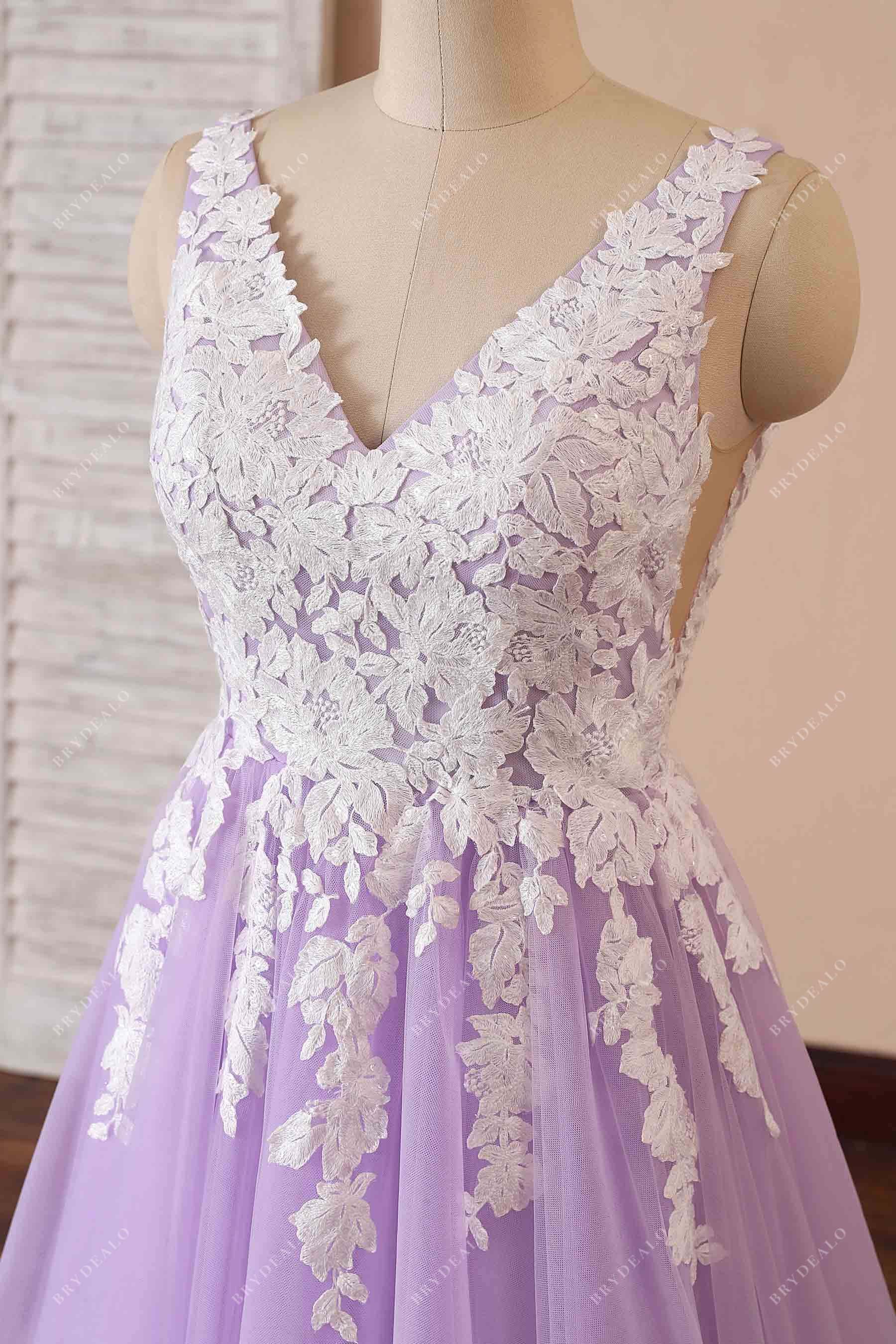 ivory lace appliques overlaid lilac V-neck bodice