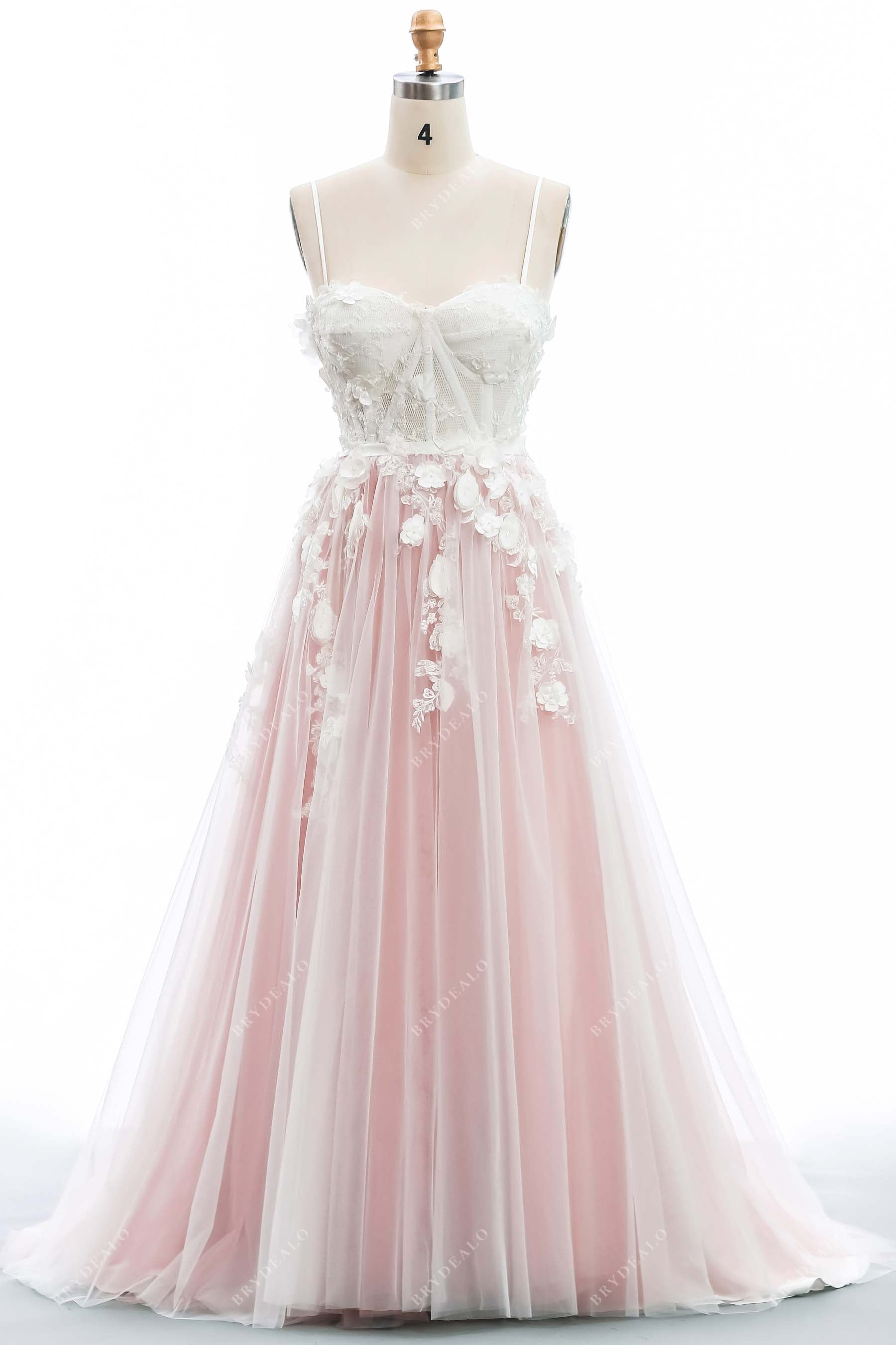 ivory lace pearls flower pink lining sweetheart thin straps wedding gown