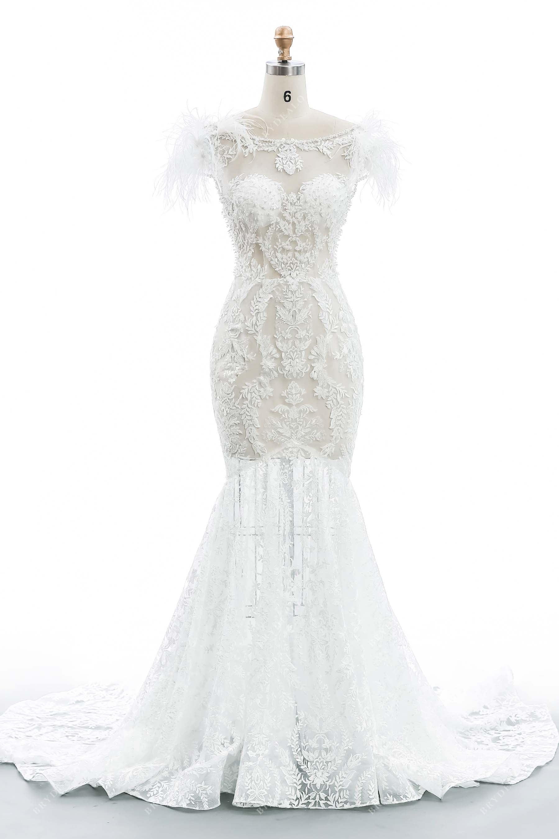 ivory leaf lace feather sheer boat neck mermaid wedding dress