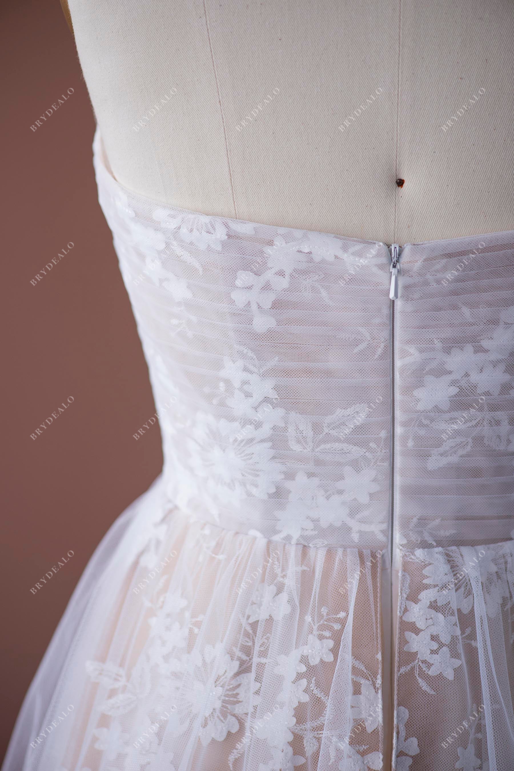 ivory pleated tulle overlaid lace bridal dress