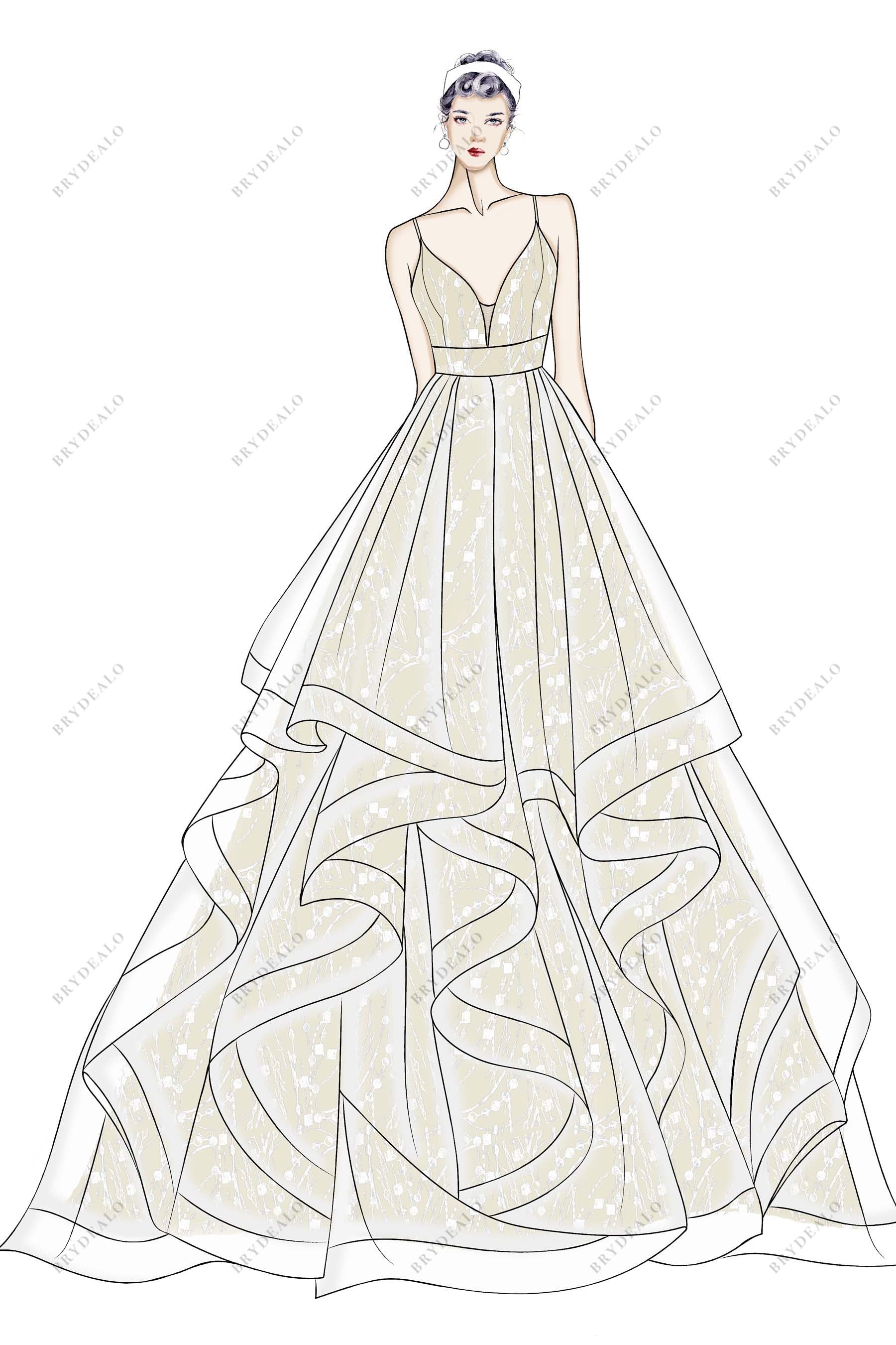 Ivory Sequins Overlaid Champagne Wedding Dress Sketch