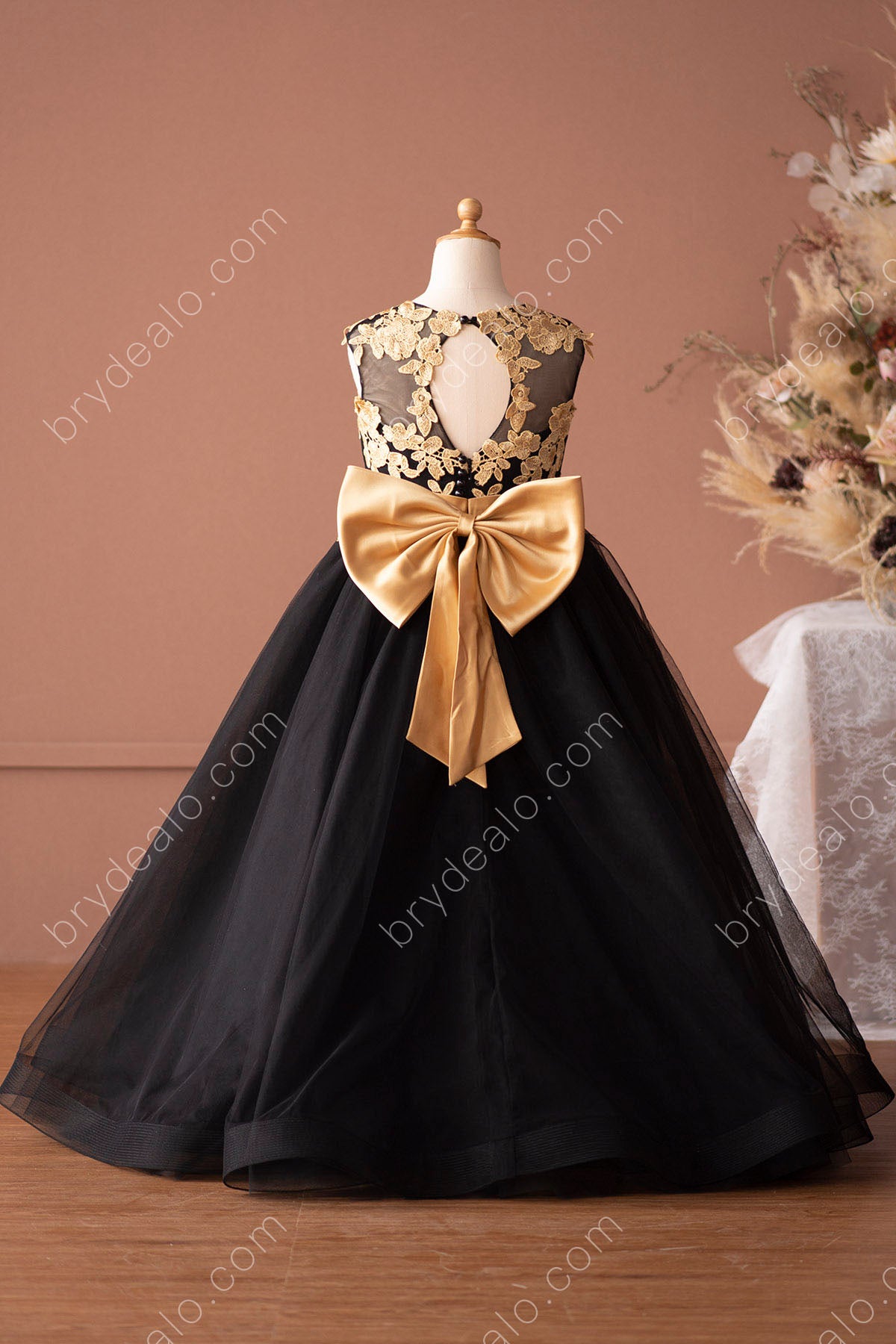 keyhole back gold lace black flower girl dress