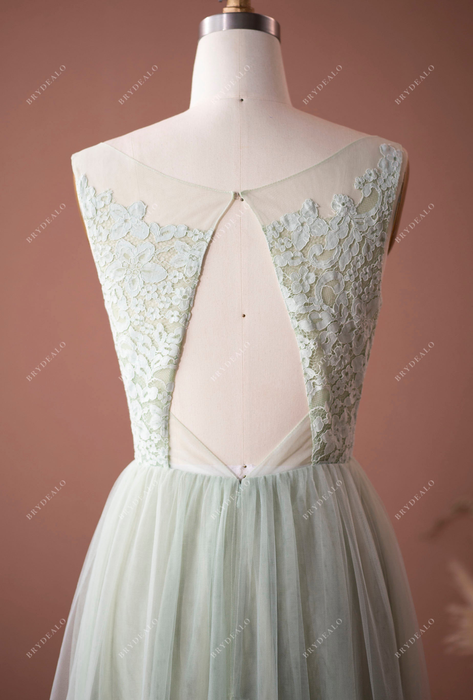 Sage Green Lace Tulle Keyhole Back Bridesmaid Dress