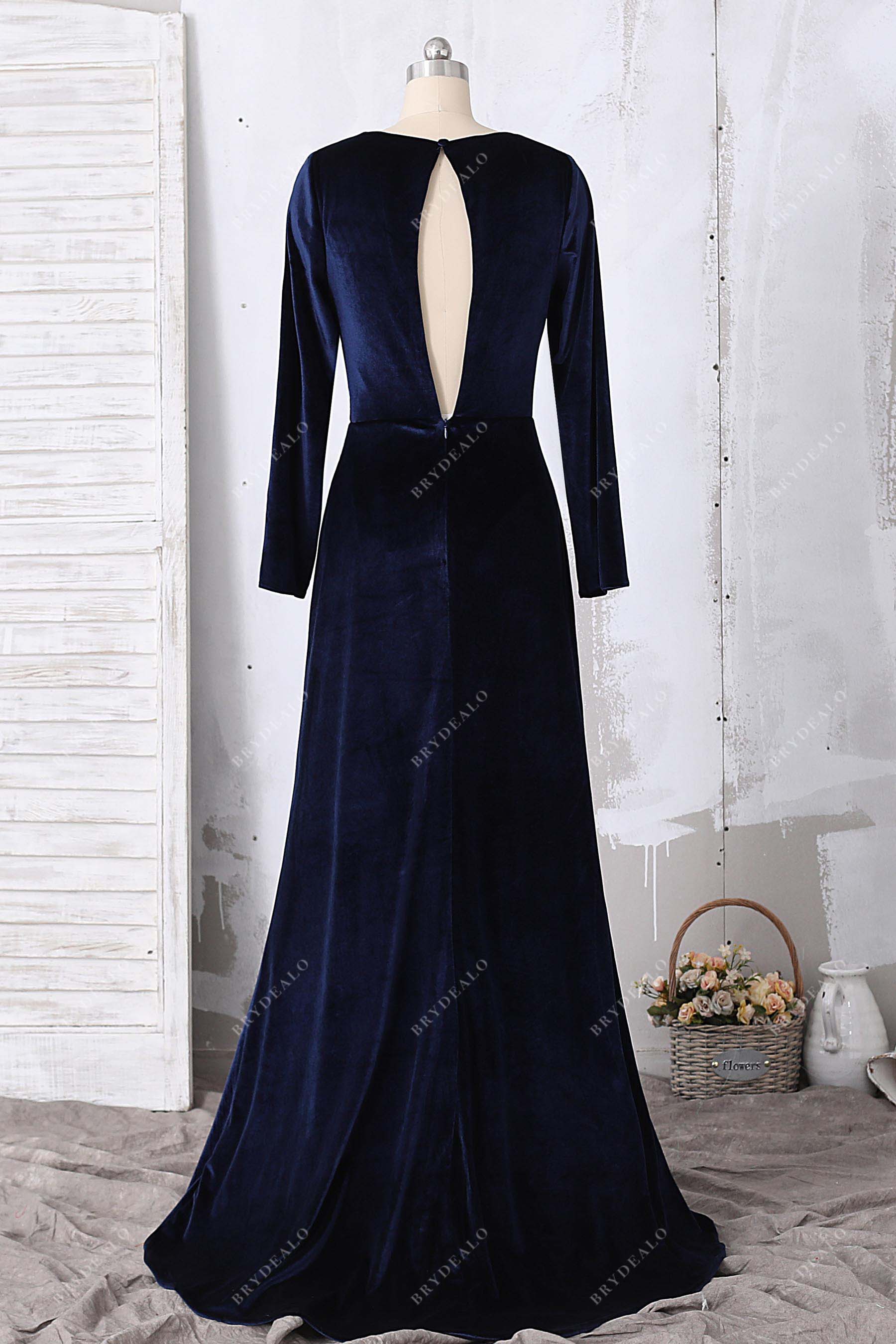 keyhole back long sleeve velvet gown