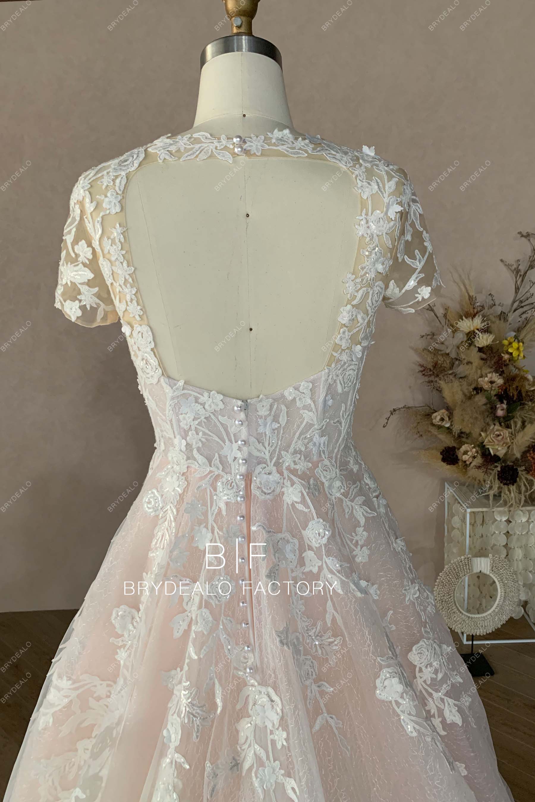 keyhole back pearl closure wedding dress