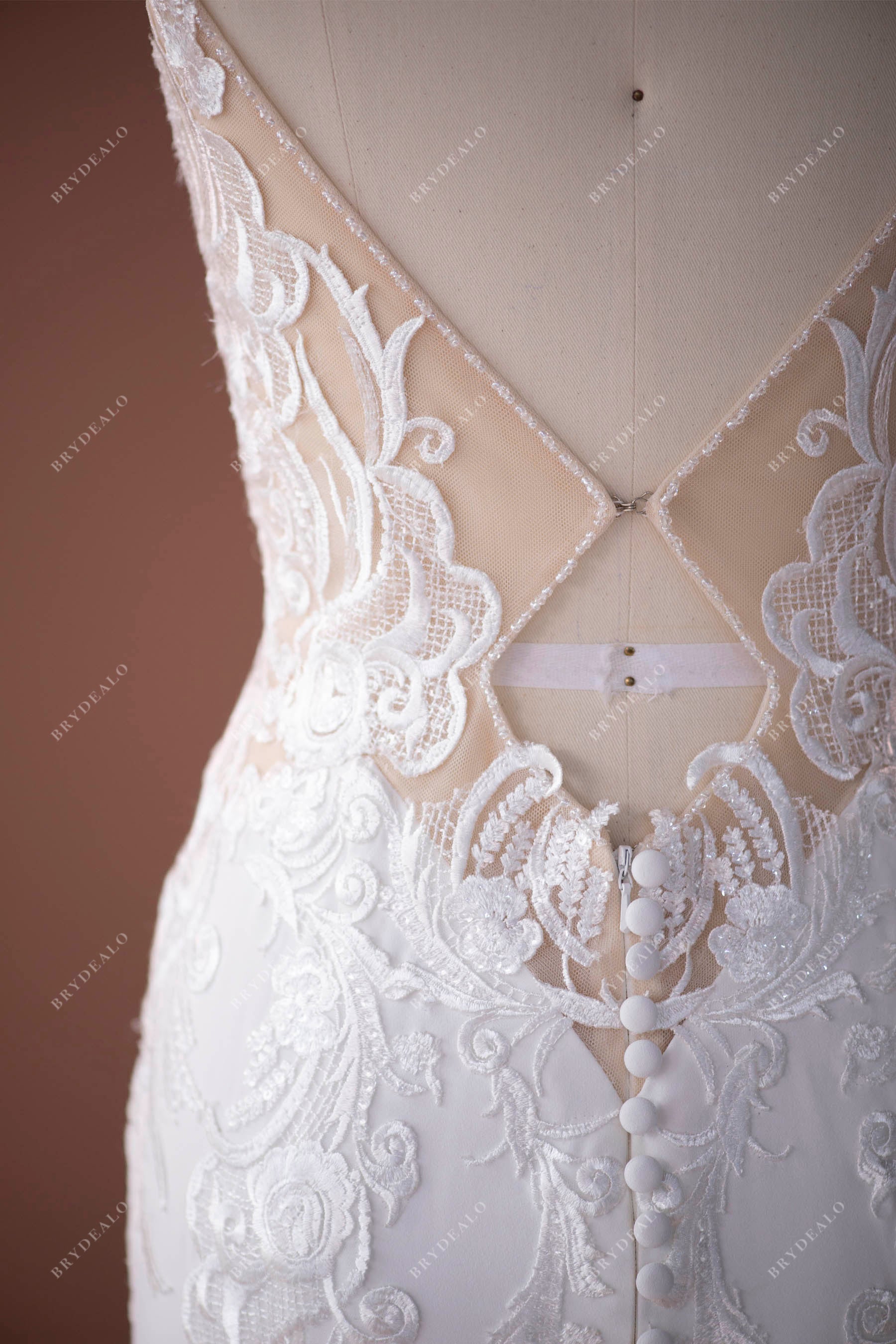 keyhole back lace crepe mermaid wedding dress
