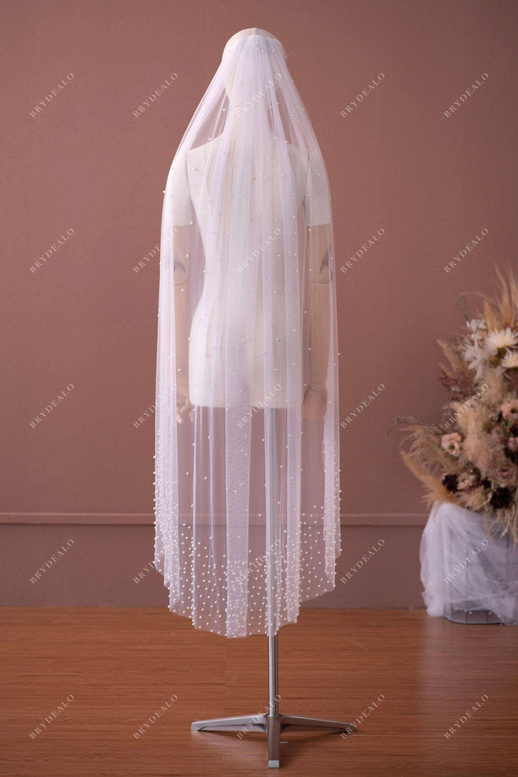 knee length pearl wedding veil