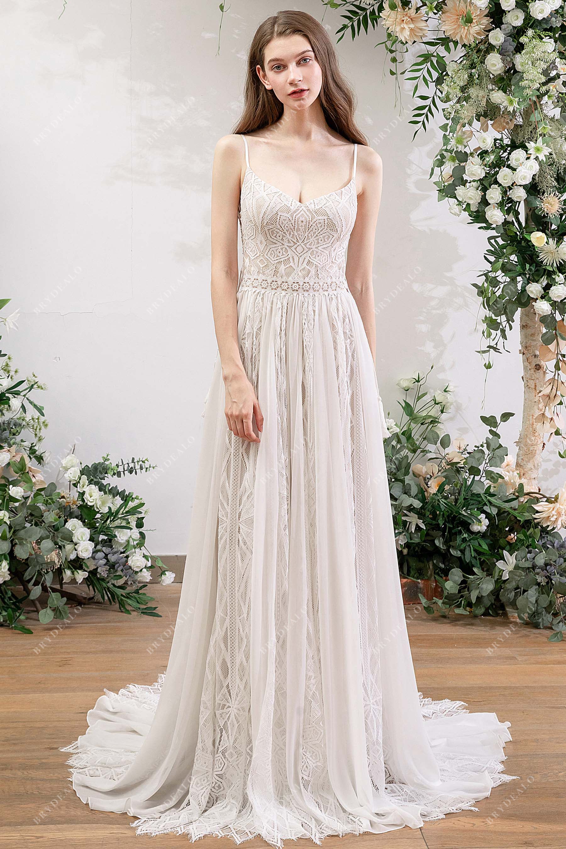 lace bohemian beige A-line wedding dress
