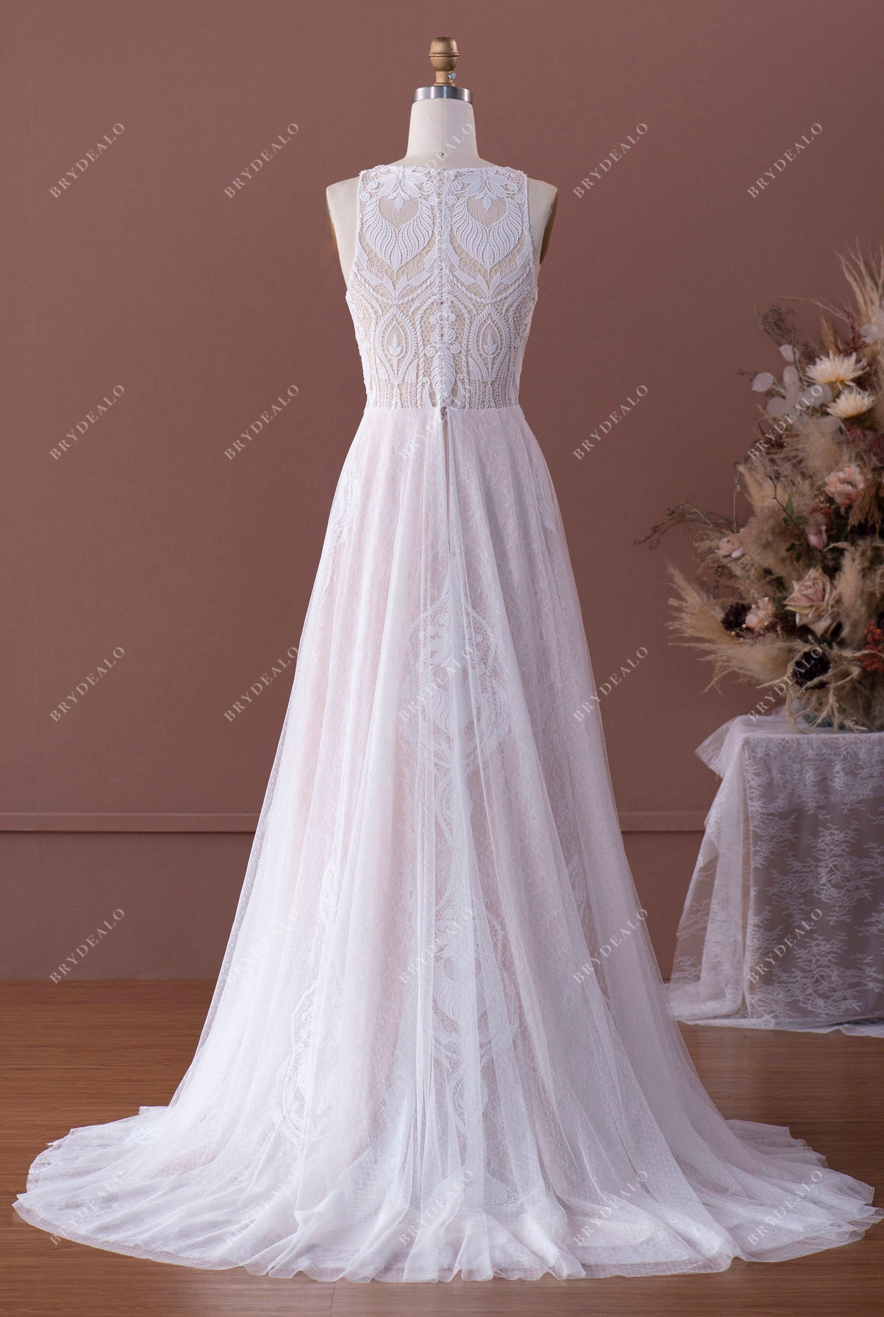 lace court train boho wedding gown