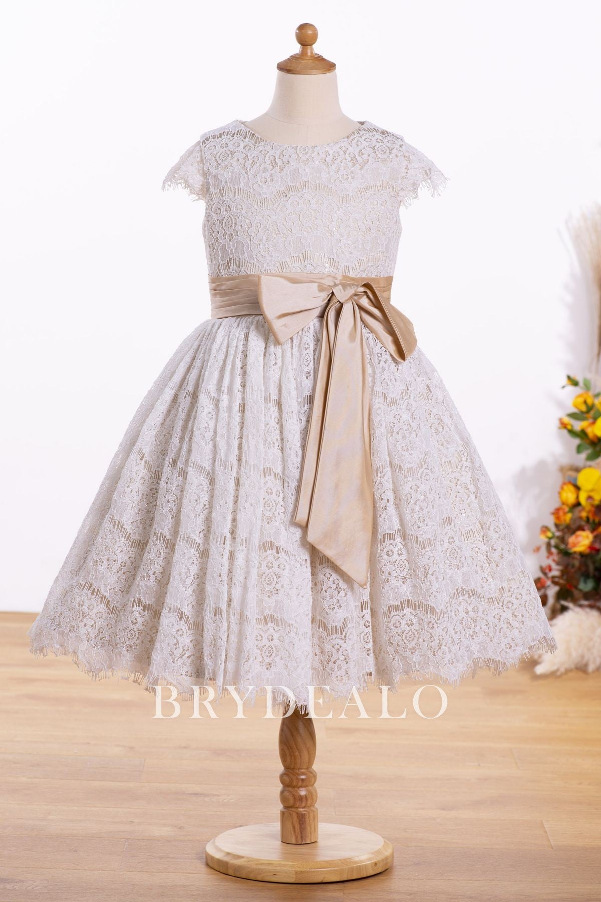 Ivory Lace Knee Length Sleeved Flower Girl Dress