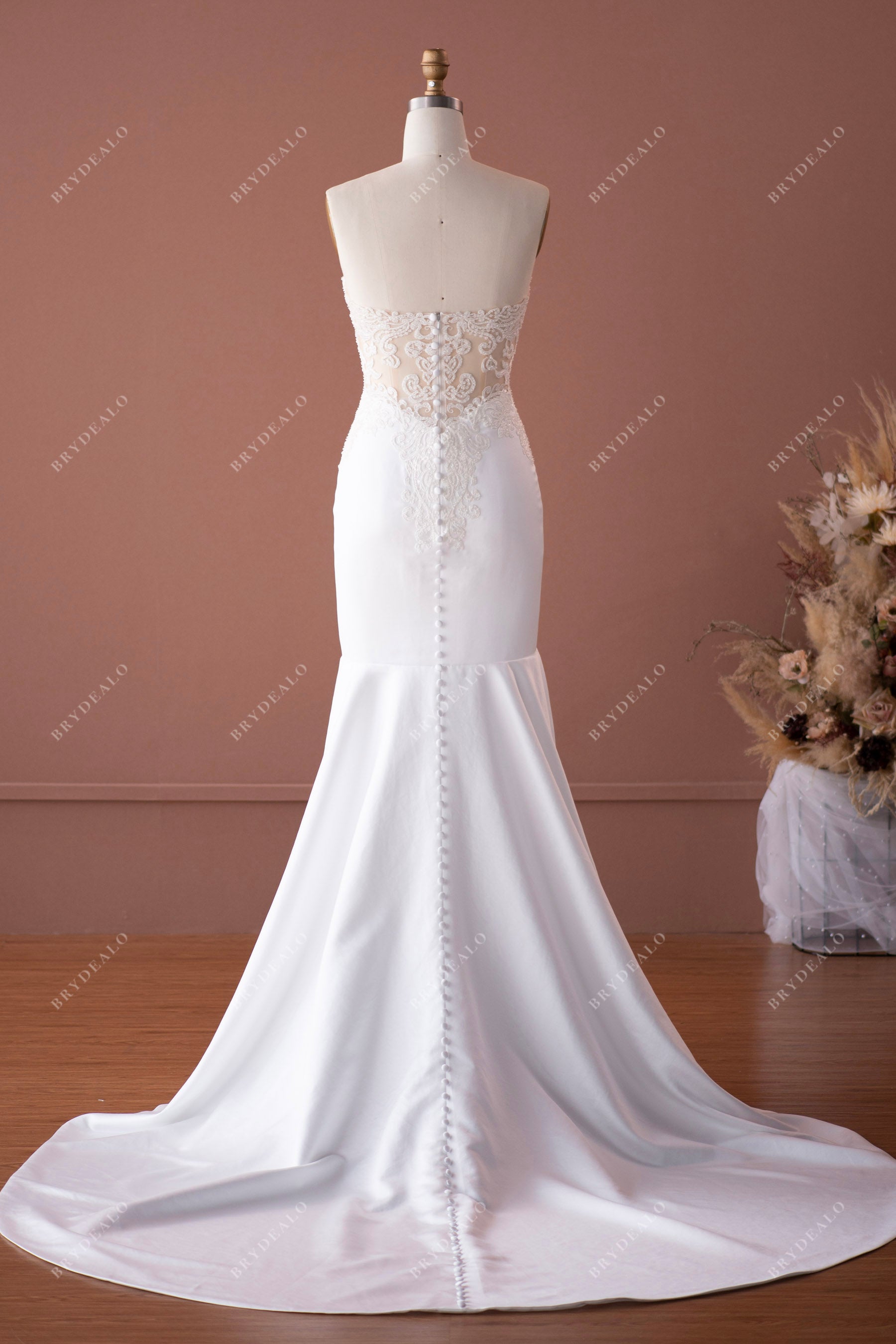 lace satin illusion back long train wedding dress for wholesale
