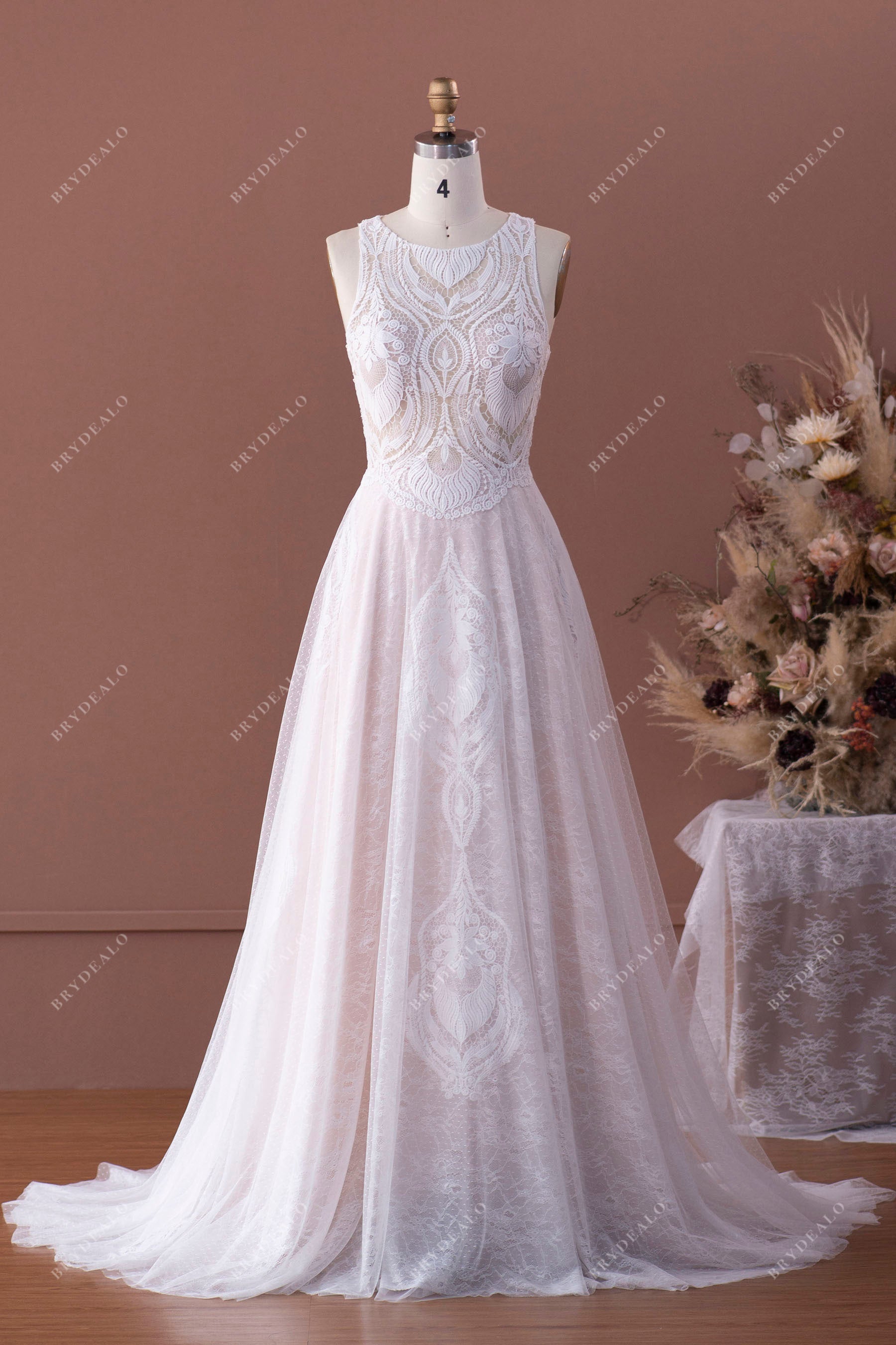 lace sleeveless boho wedding gown