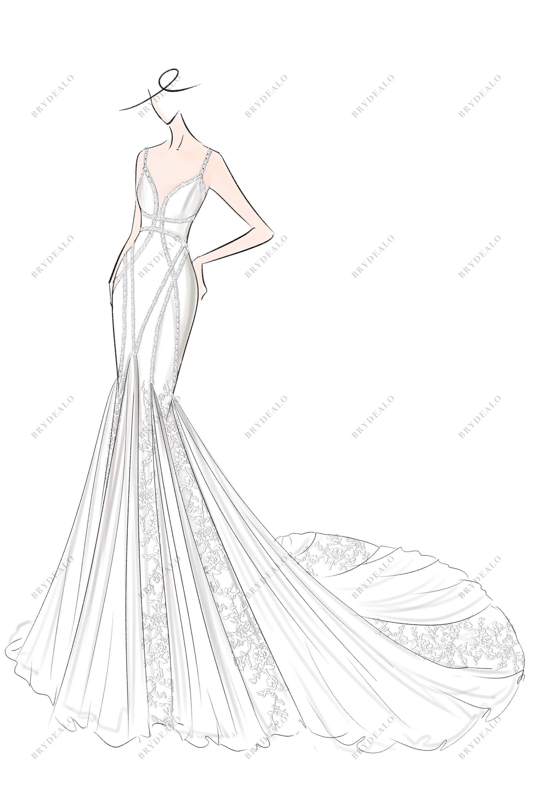 Lace Straps Chiffon Godets Wedding Dress Sketch