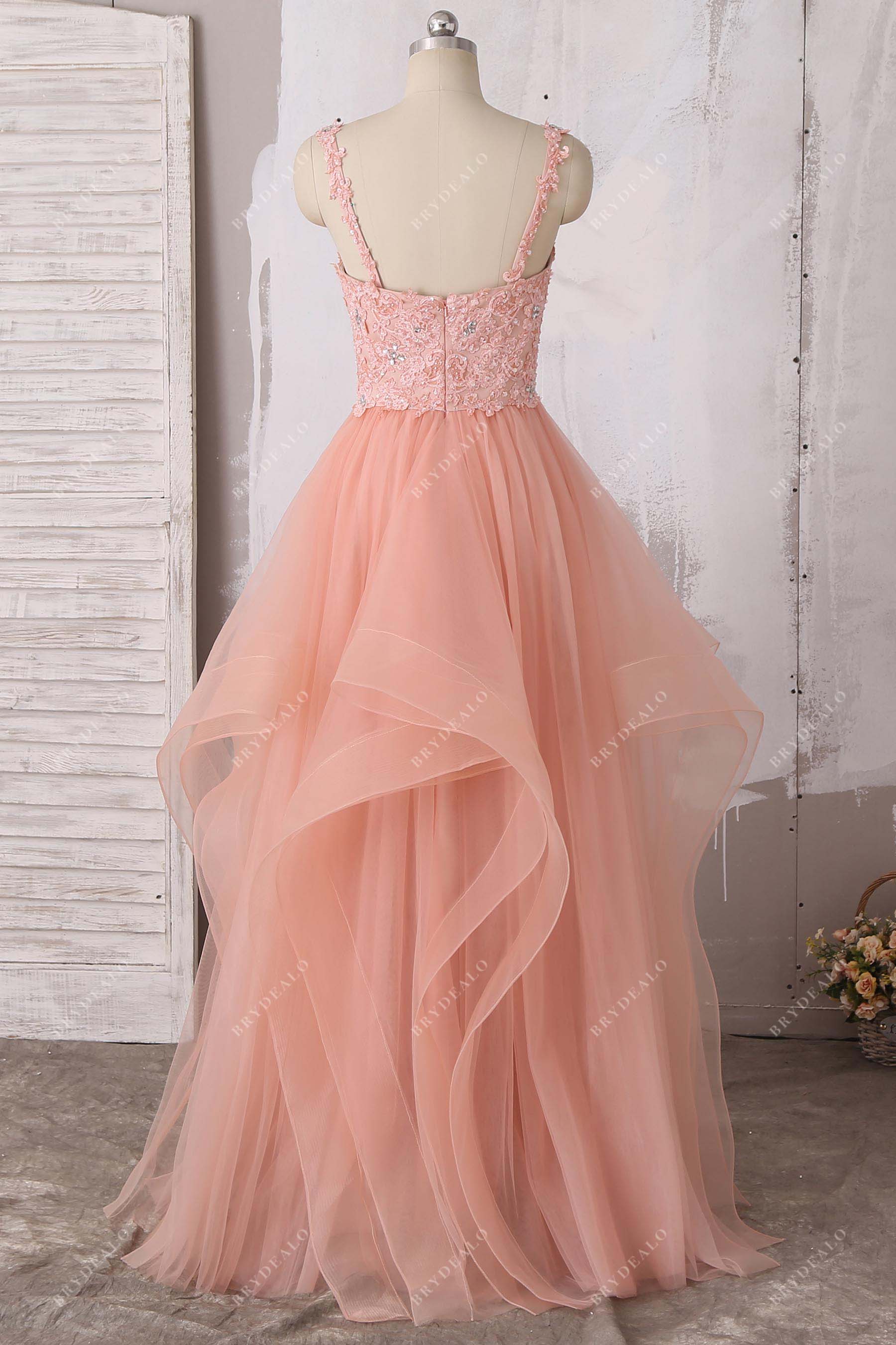 lace straps ruffled tulle ball gown prom dress