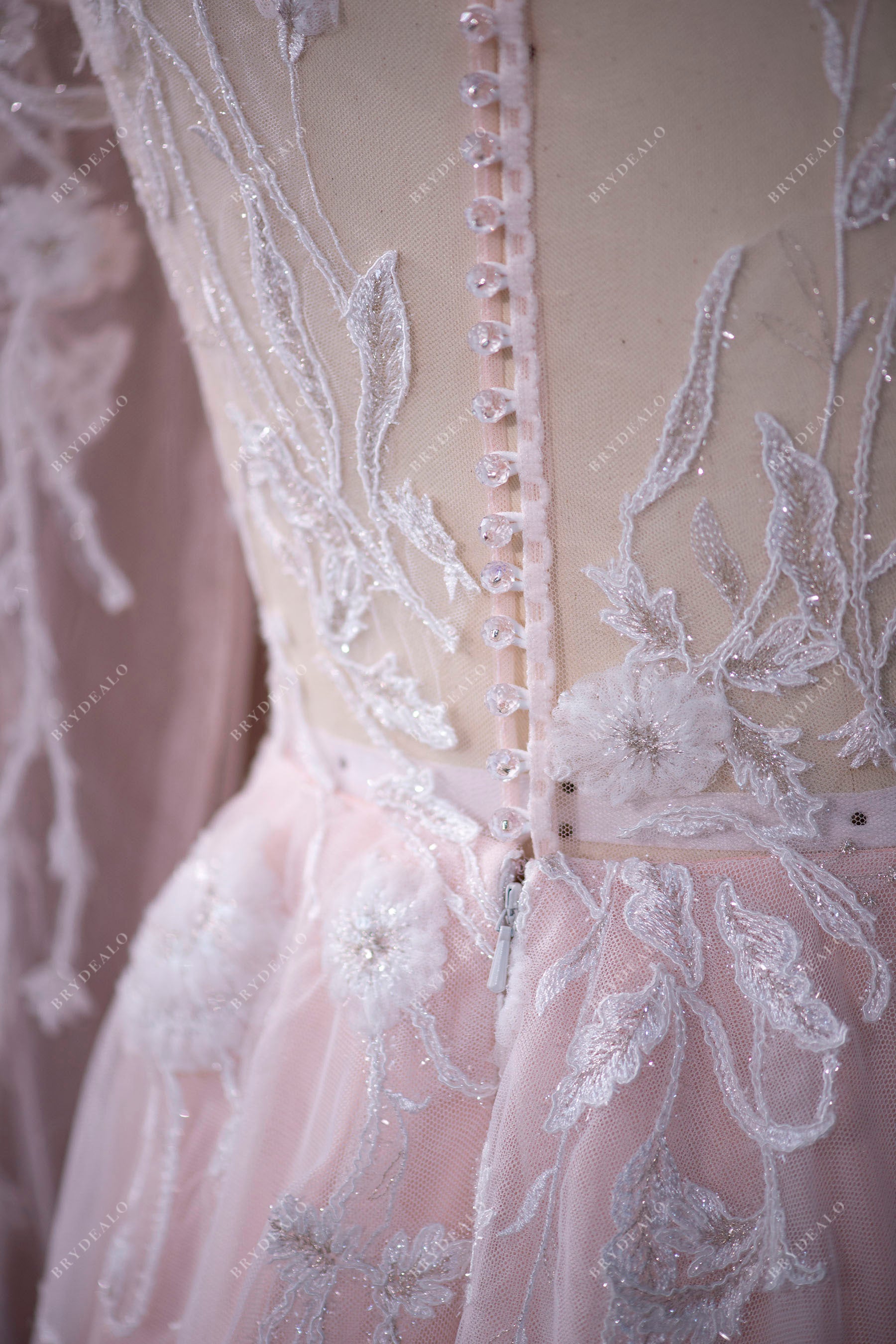 Fairy Pink Lace Tulle Illusion Wedding Dress
