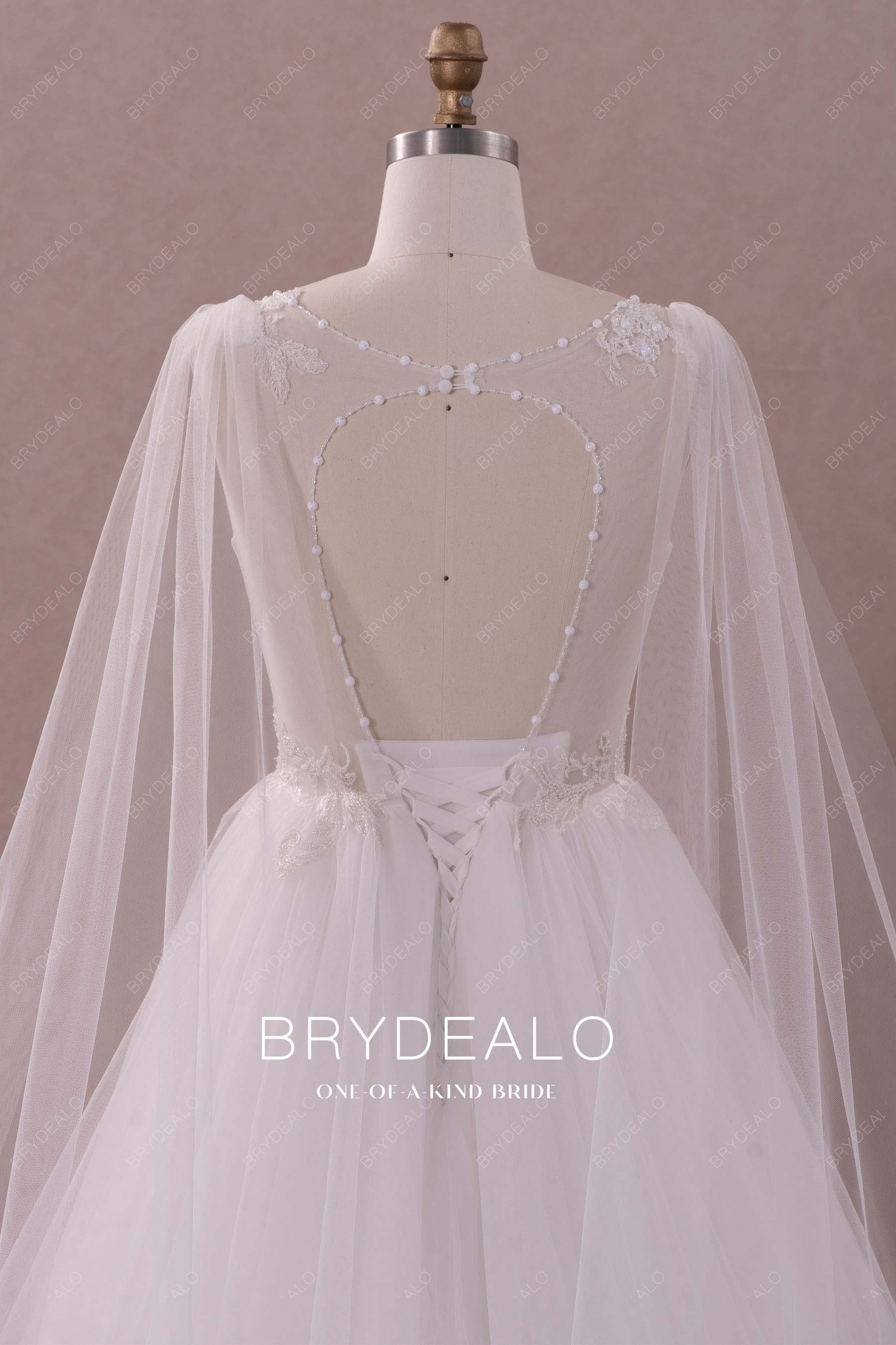 lace up open back shoulder veil wedding gown