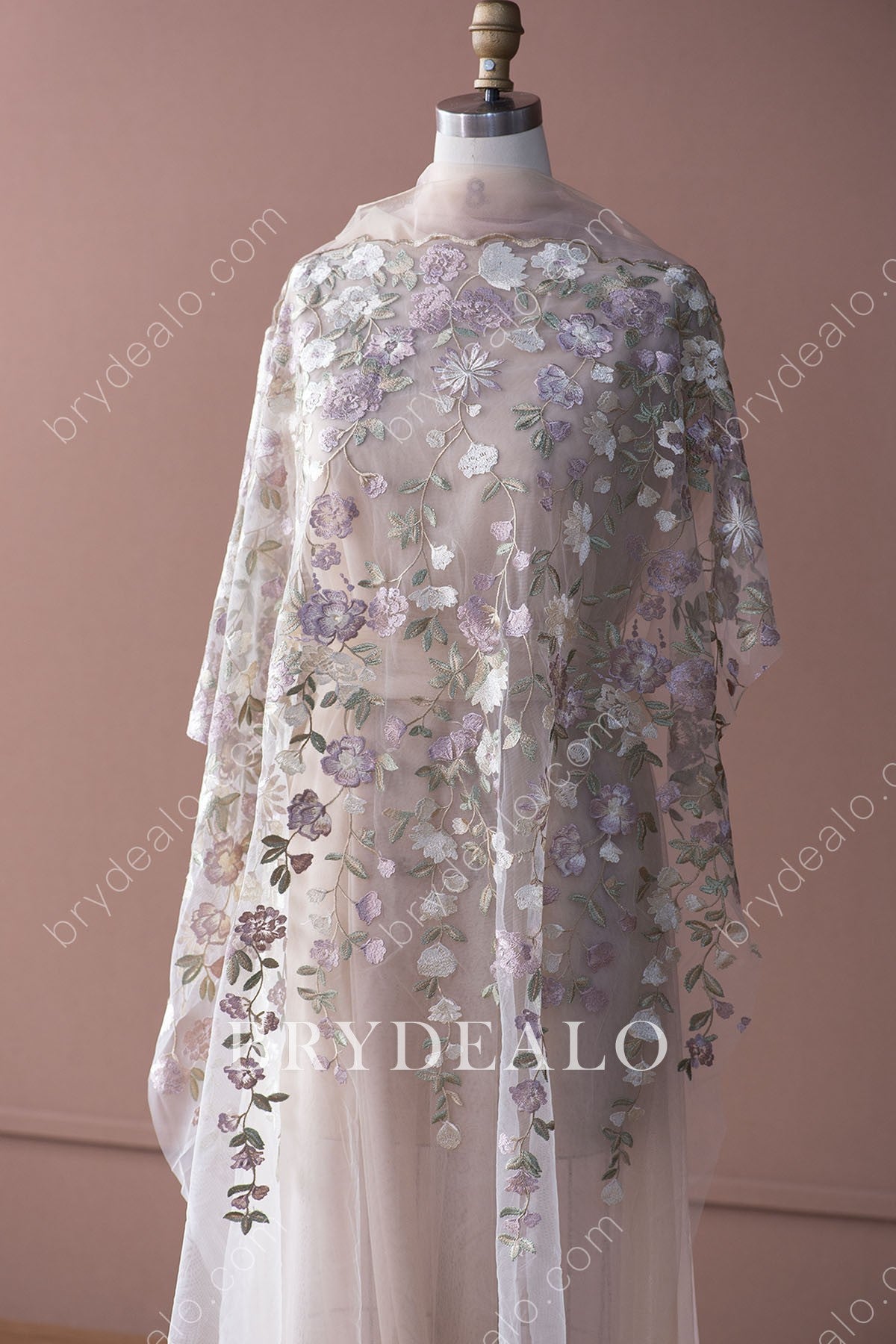 Wholesale Lavender Flower Green Leaf Embroidery Lace Fabric