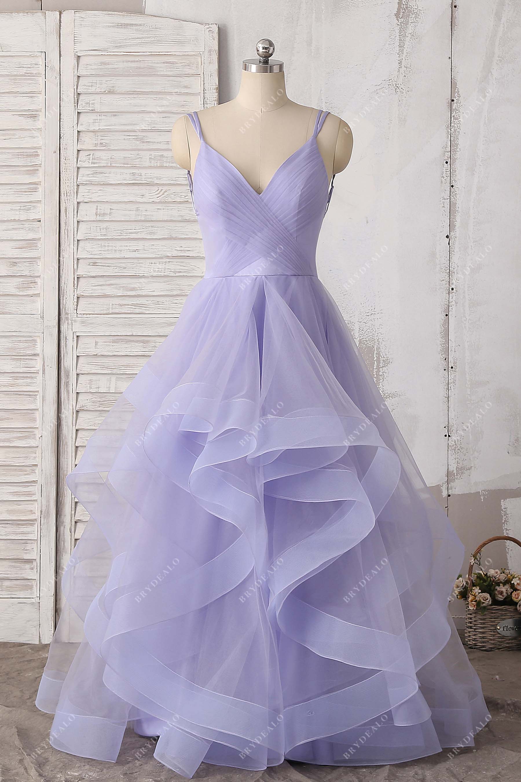 lavender tulle V-neck prom dress