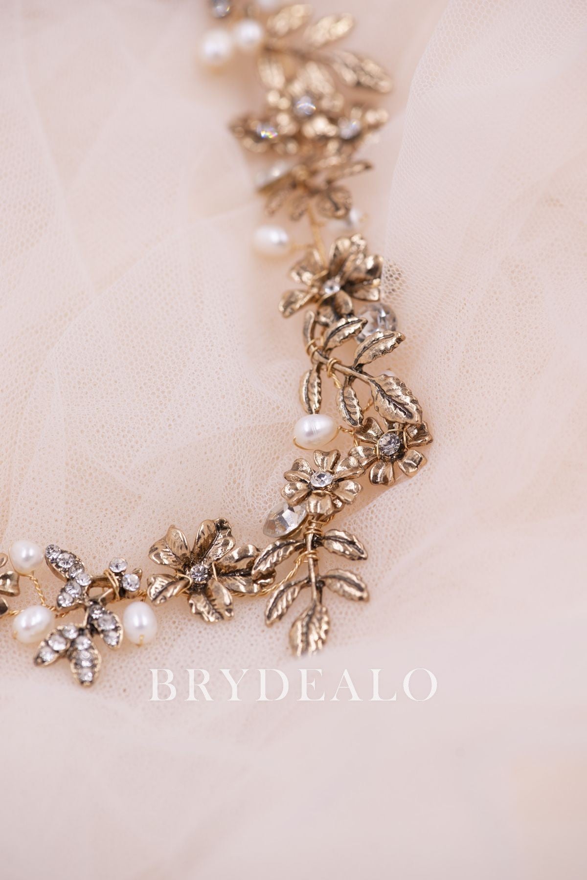 Gold Leaf Pearls Rhinestones Bridal Wire Headband for Wholesale