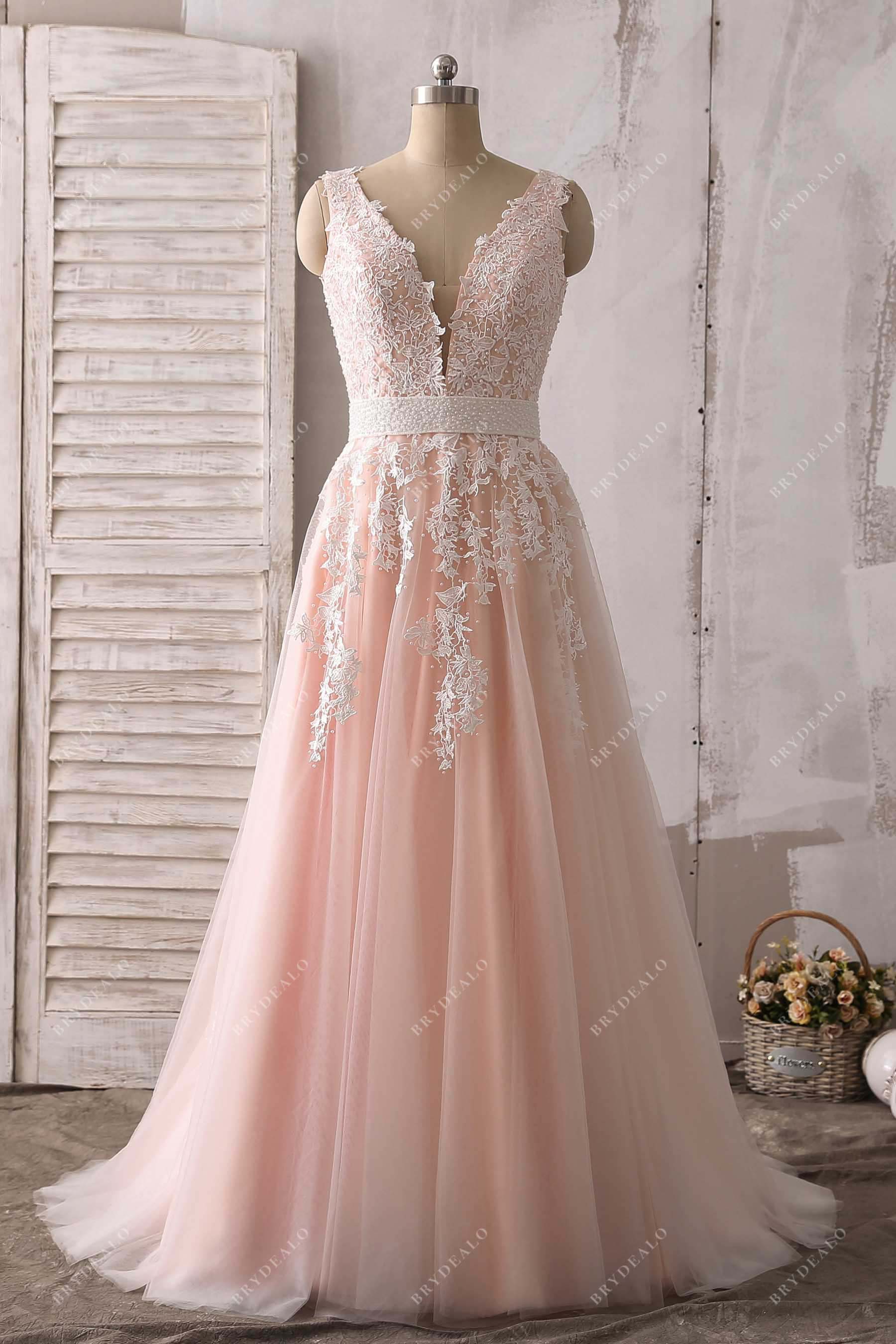 light ivory lace peach tulle prom gown