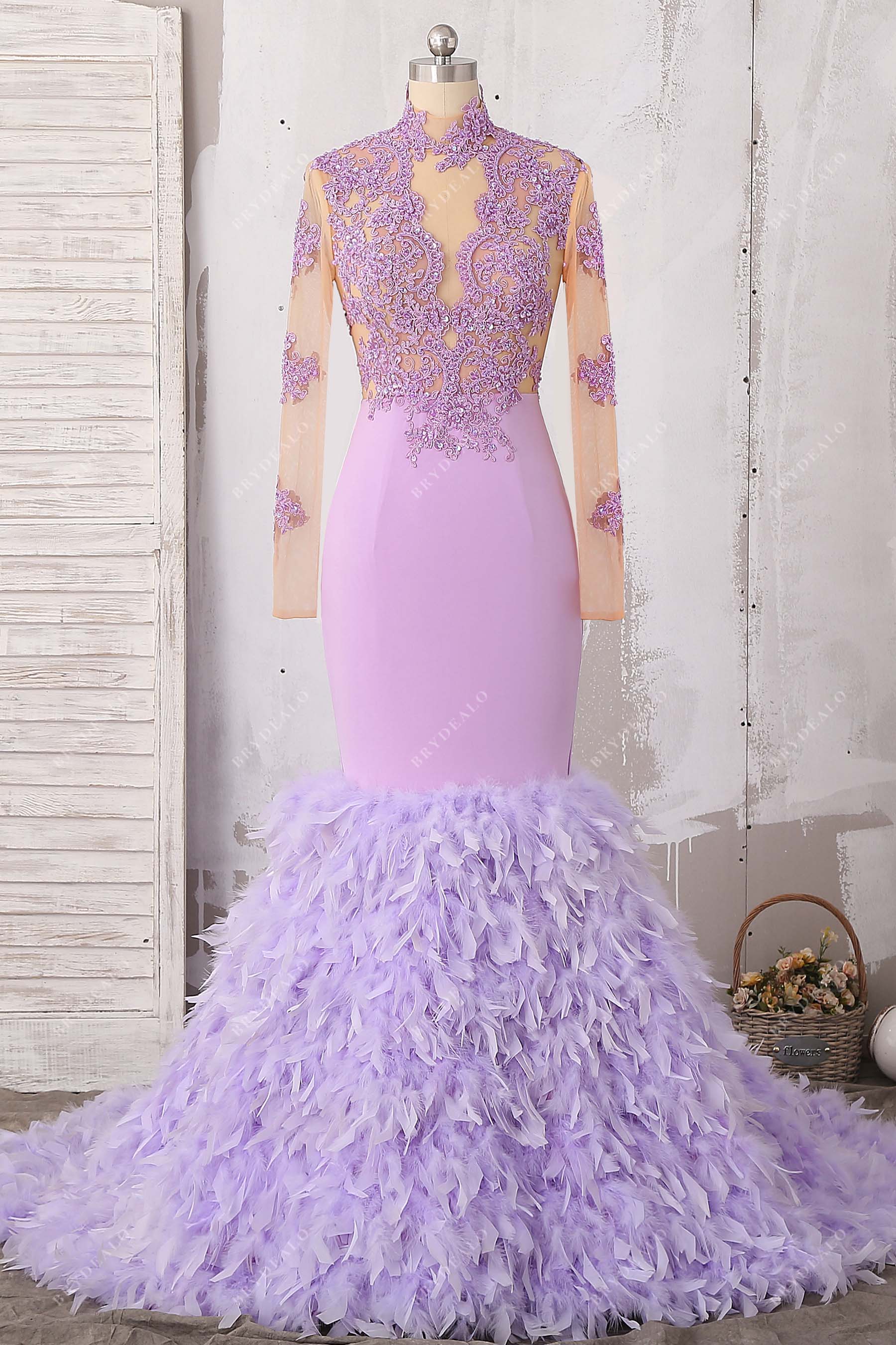 lilac beaded lace feathered trumpet prom gown