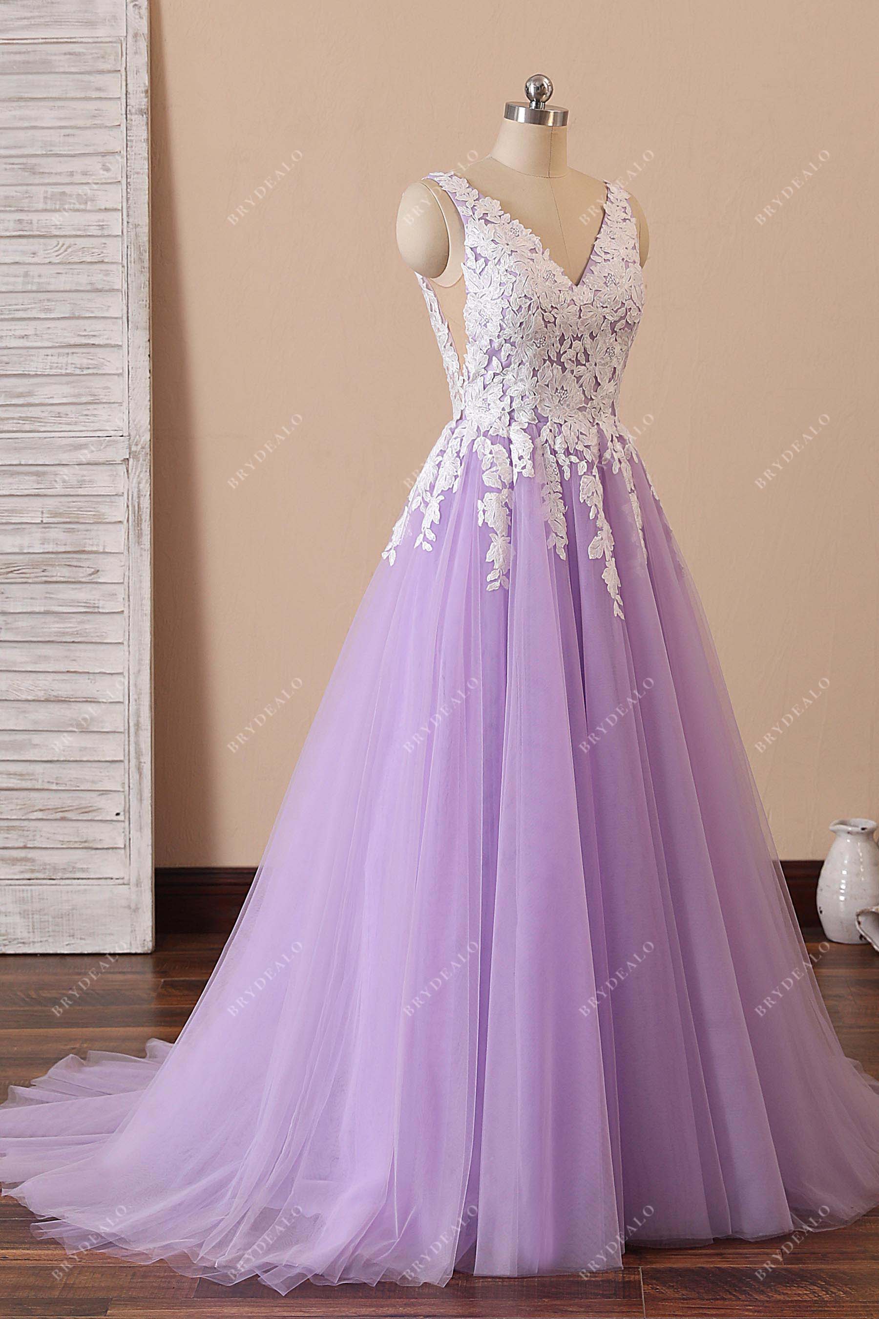 lilac tulle sleeveless A-line prom gown