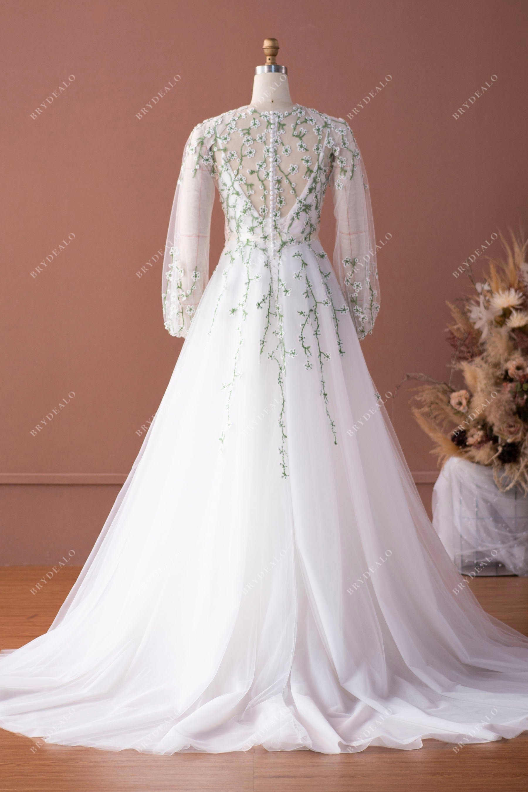 Rustic Flower Lace Bubble Sleeve Blouse A-line Wedding Dress