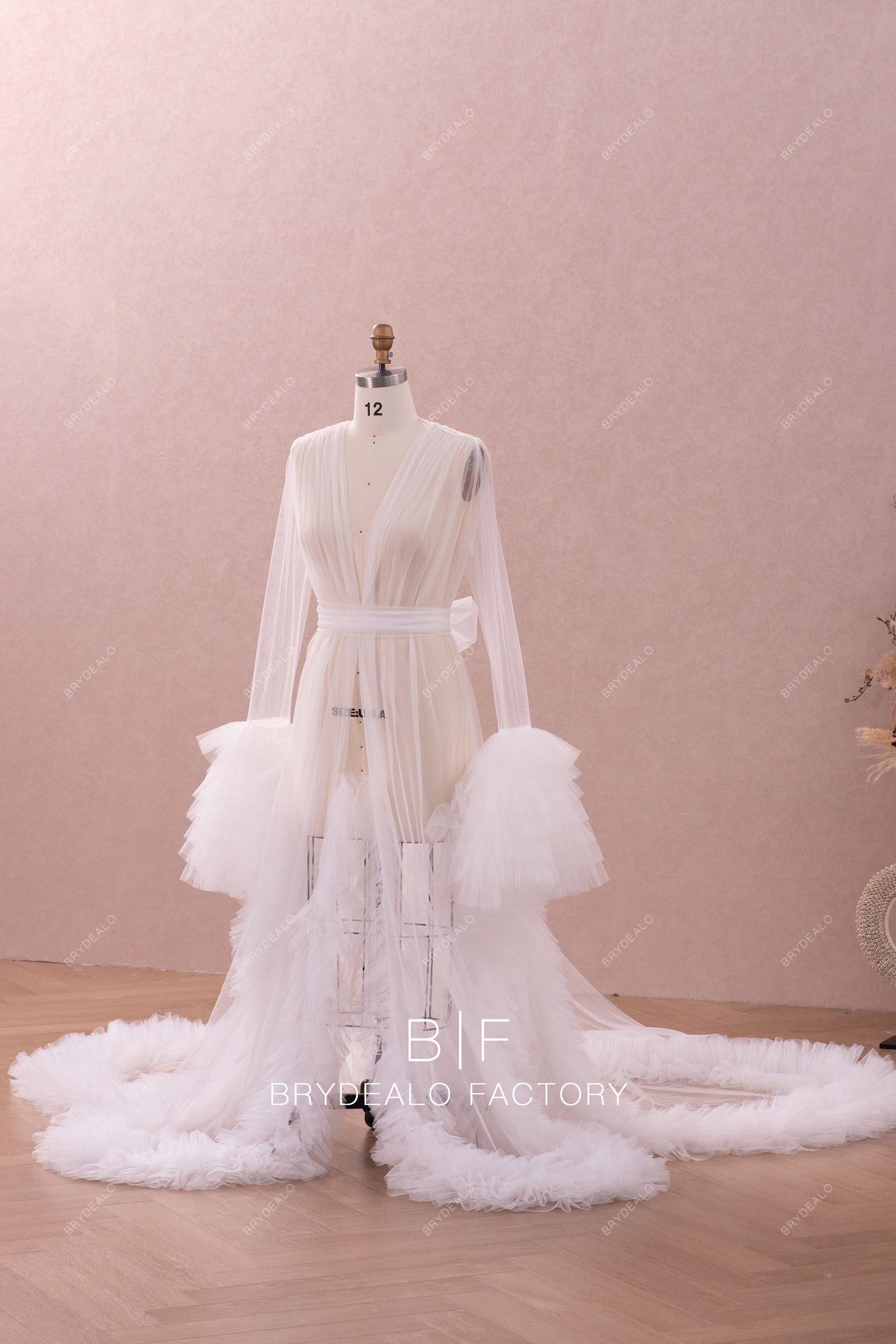 long bell sleeves soft tulle bridal robe
