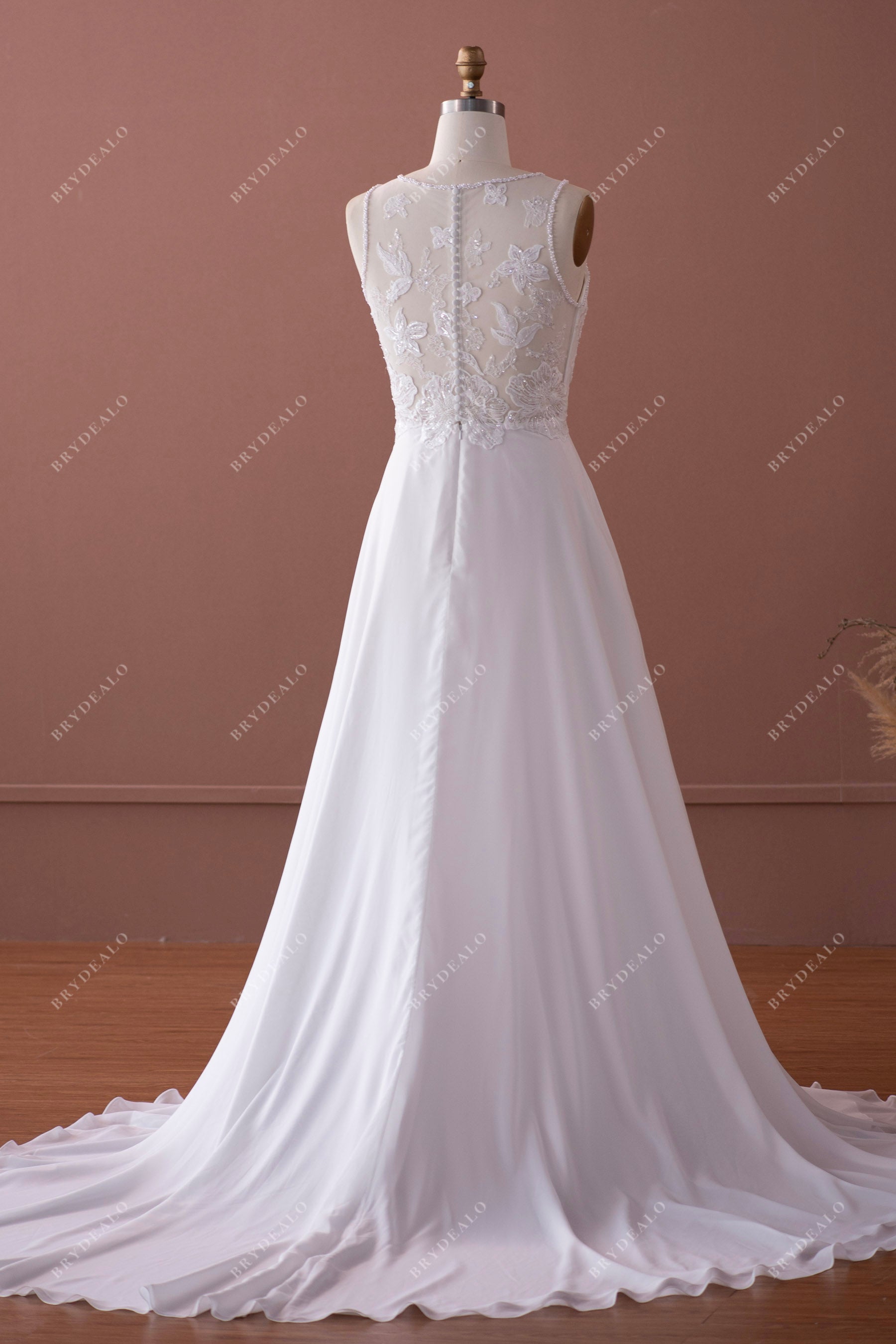 long chiffon A-line illusion back wedding dress