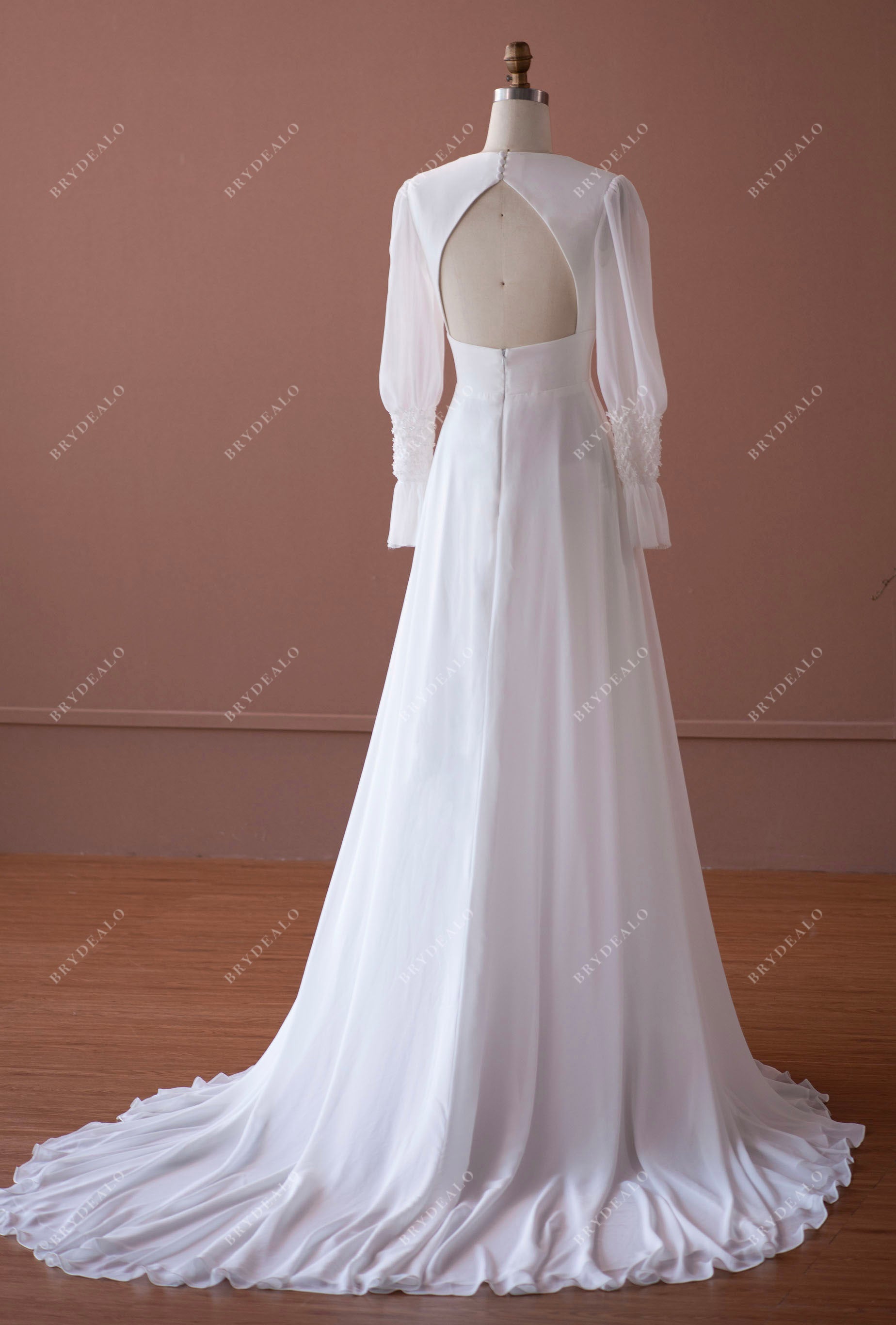 long chiffon keyhole bubble sleeve wedding dress